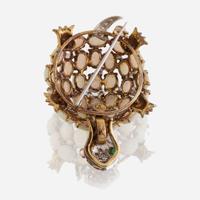 An opal, diamond, emerald, and fourteen karat gold brooch