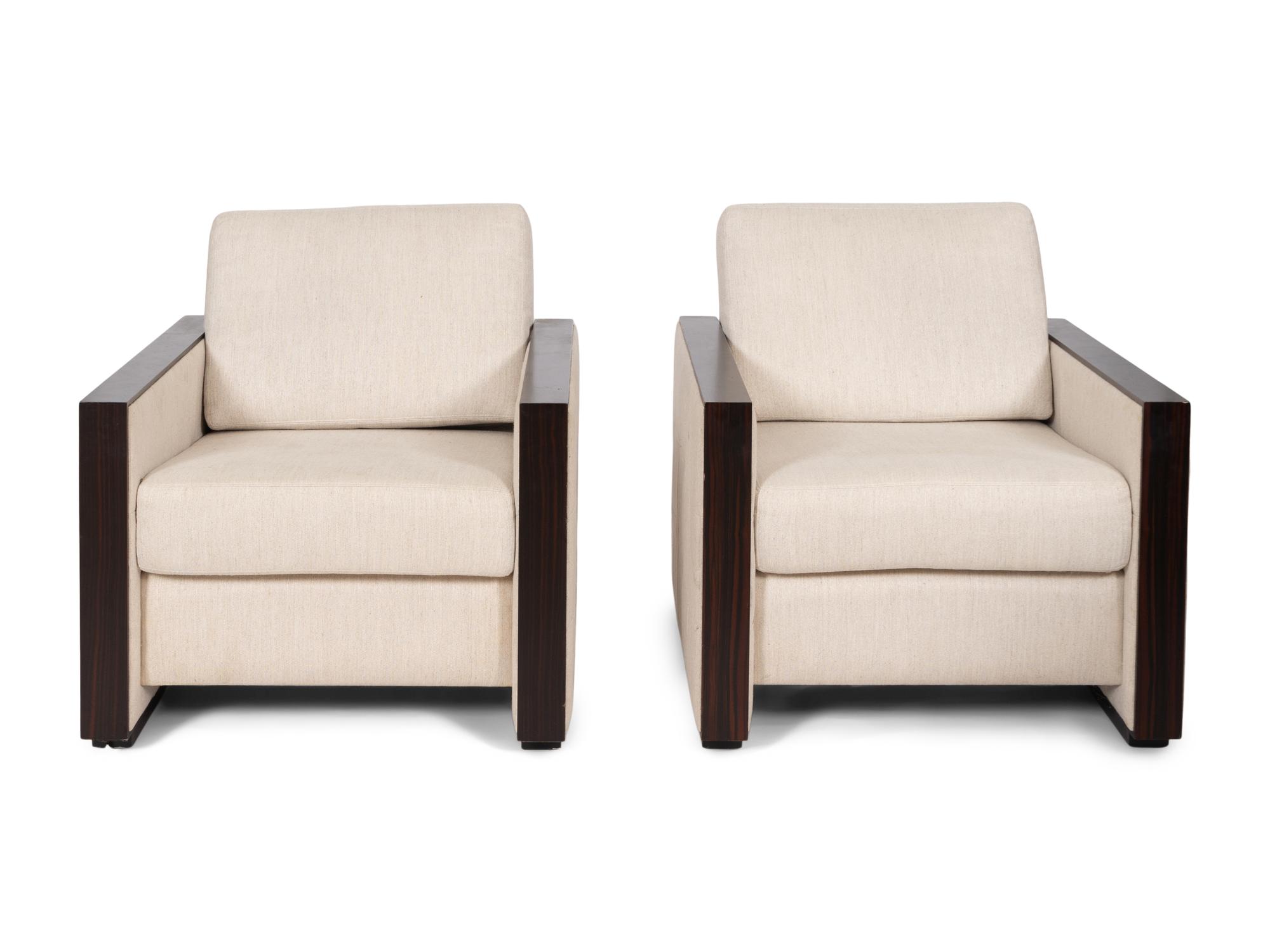 A Pair of Contemporary Rosewood Lounge Chairs with Linen Upholstery