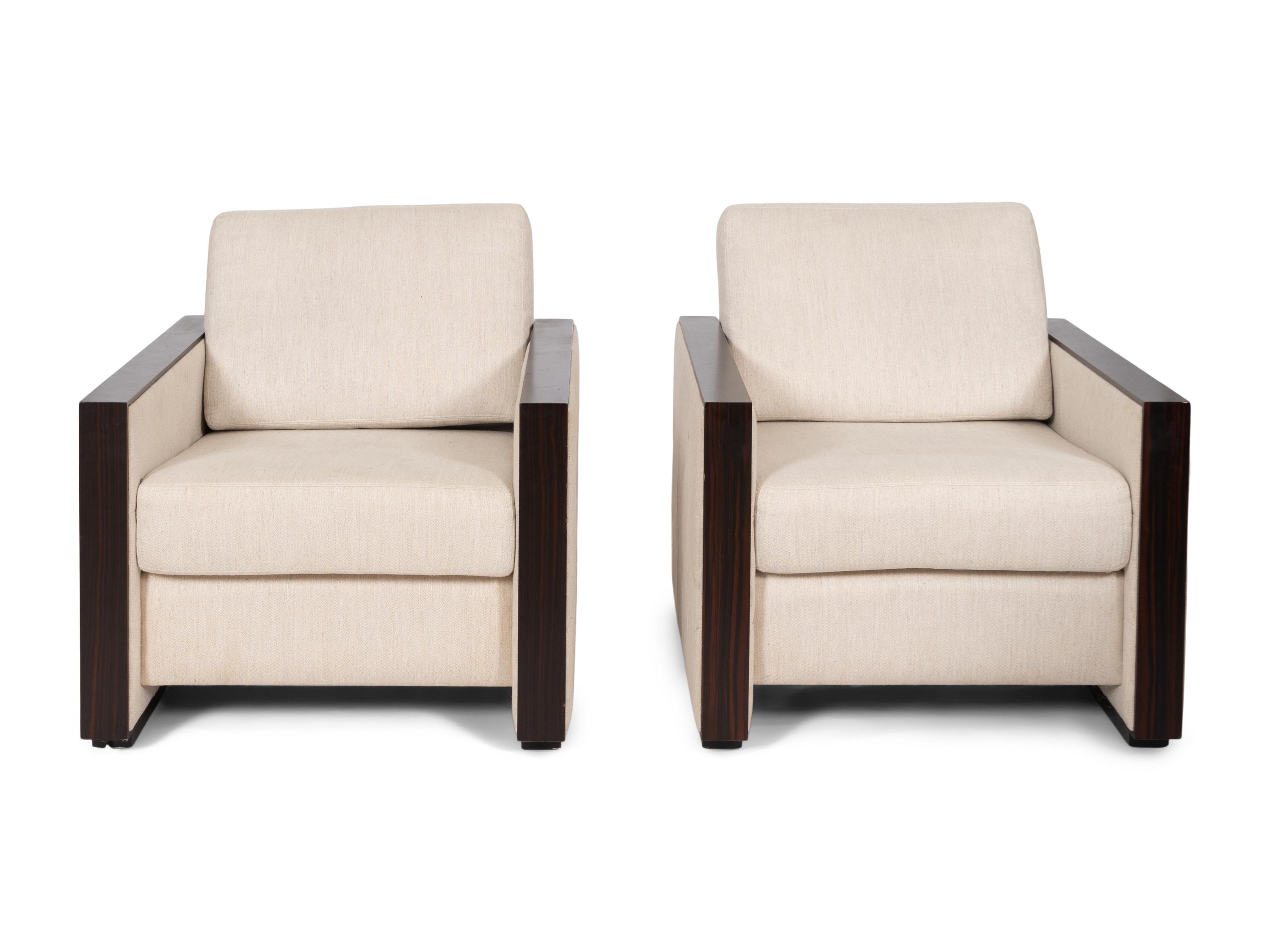 A Pair of Contemporary Rosewood Lounge Chairs with Linen Upholstery