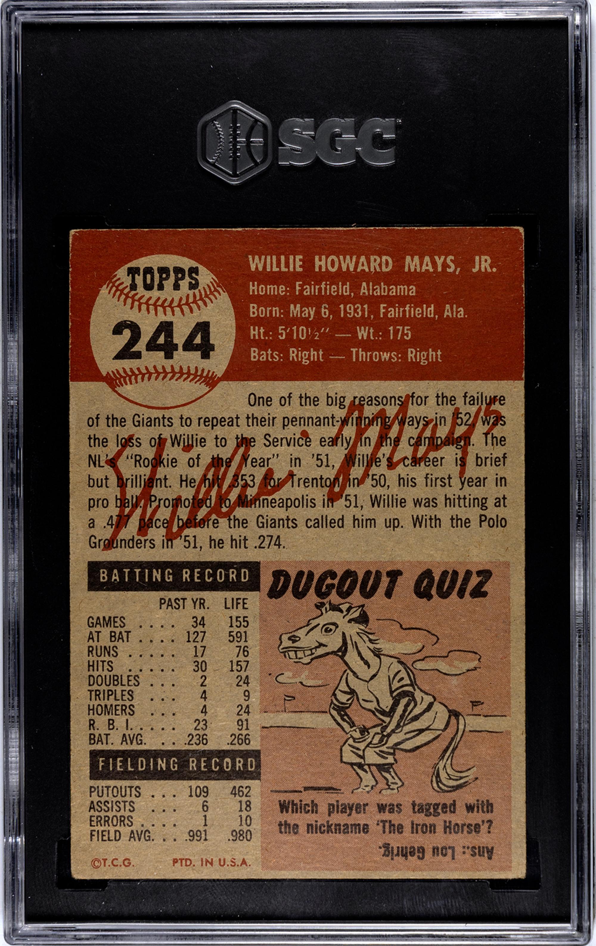 A 1953 Topps Willie Mays Baseball Card No. 244 (SGC 3 VG)