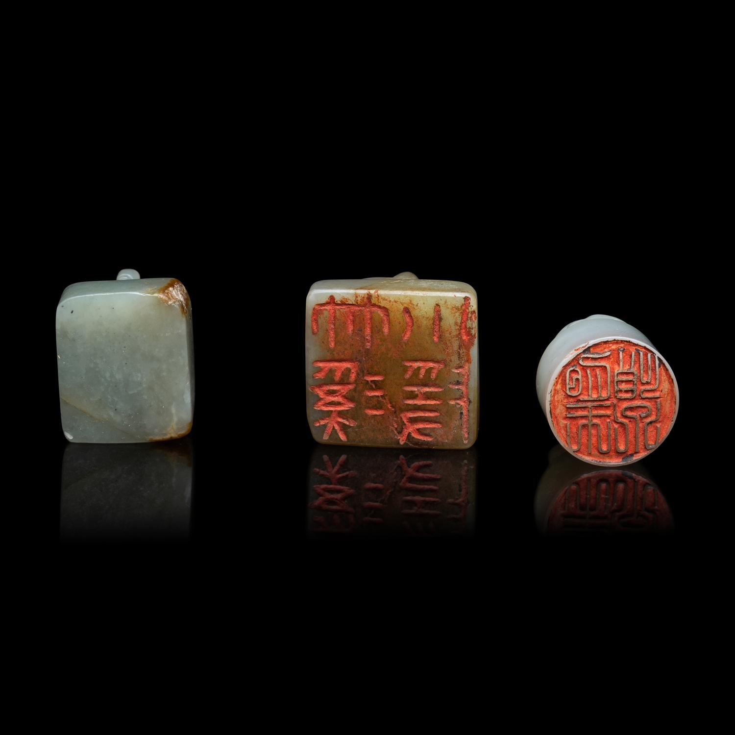 Three Chinese Celadon Jade Seals, Qing Dynasty 清 青玉印三枚