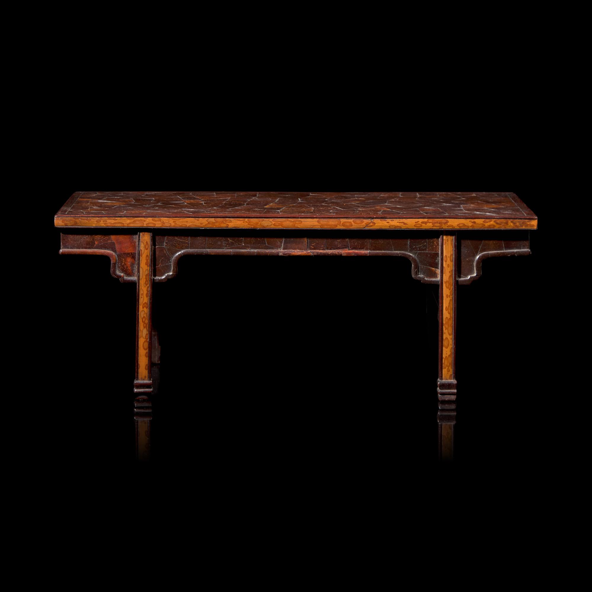 A Chinese Coconut Shell and Spotted Bamboo-Veneered Pingtou‘an Table-Form Stand 椰殼拼冰裂紋鑲斑竹小夾頭榫平頭案