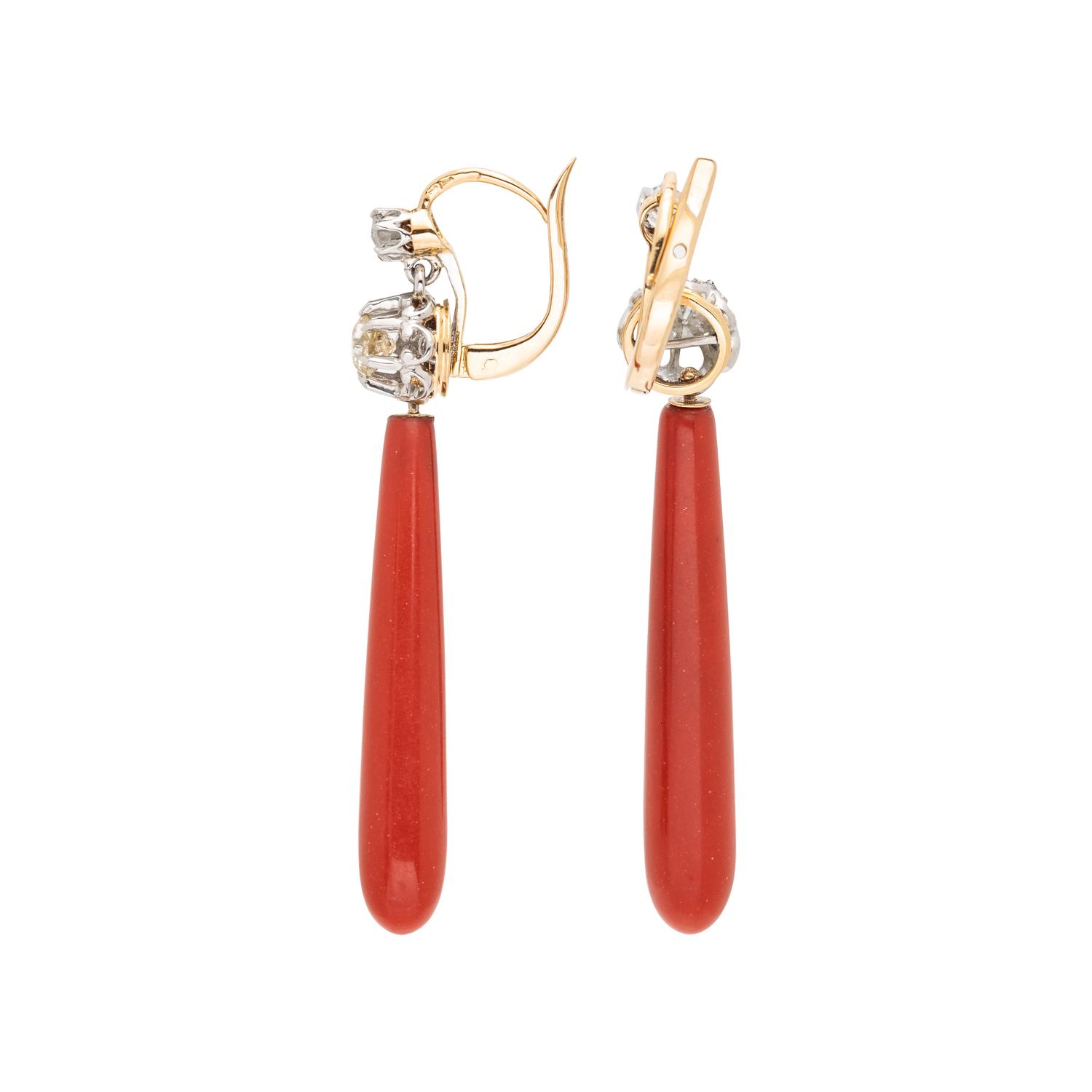 PLATINUM, YELLOW GOLD, CORAL, AND DIAMOND EARRINGS