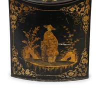 A Pair of English Black and Gilt Chinoiserie Decorated Tole Tea Canisters