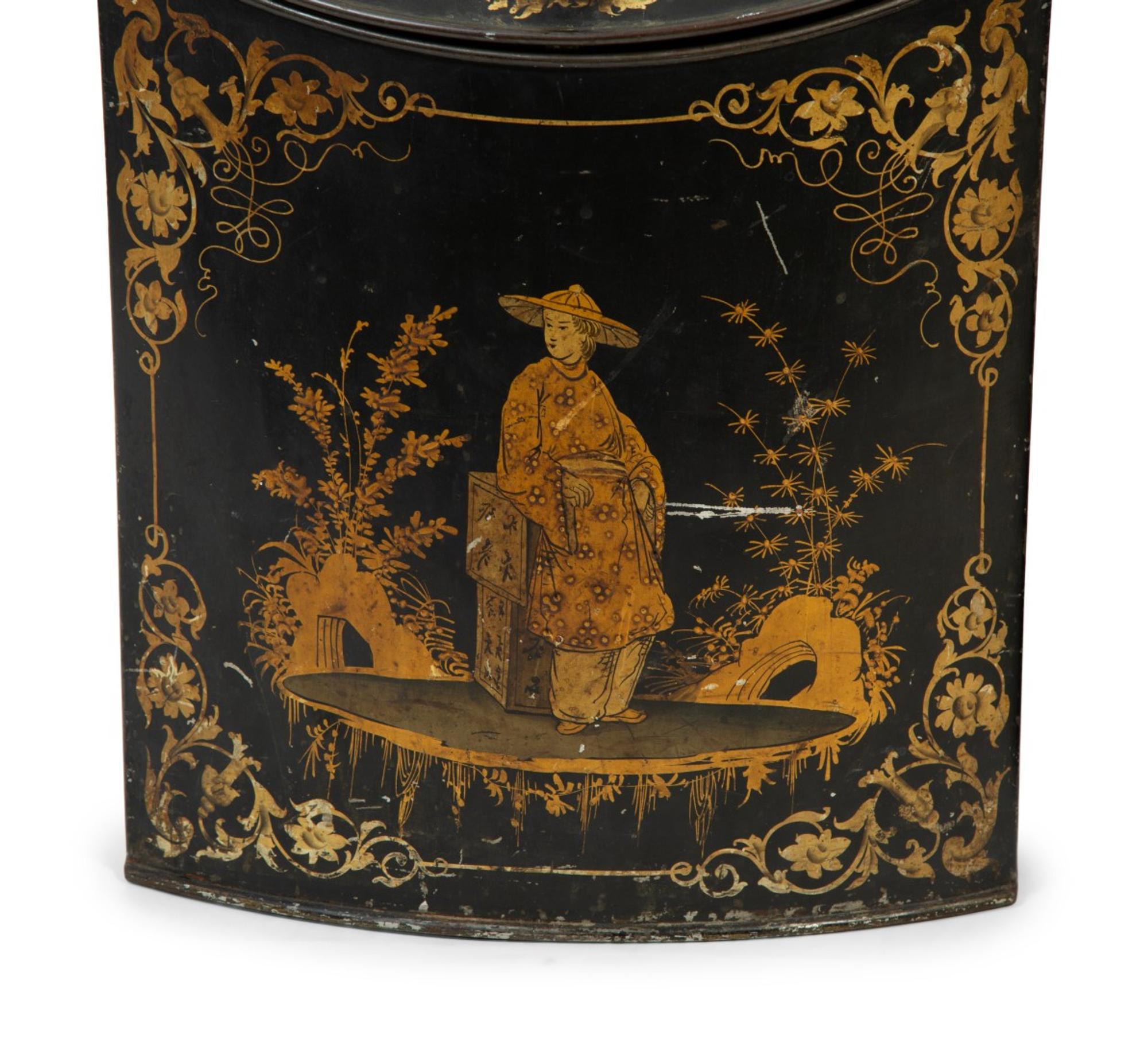 A Pair of English Black and Gilt Chinoiserie Decorated Tole Tea Canisters