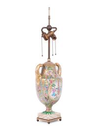 A Chinese Export Parcel Gilt and Faux Marble Decorated Famille Rose Porcelain Pistol-Handled Urn