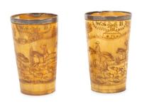 A Pair of Silver Mounted Horn Cups with Engraved Hunt Scenes