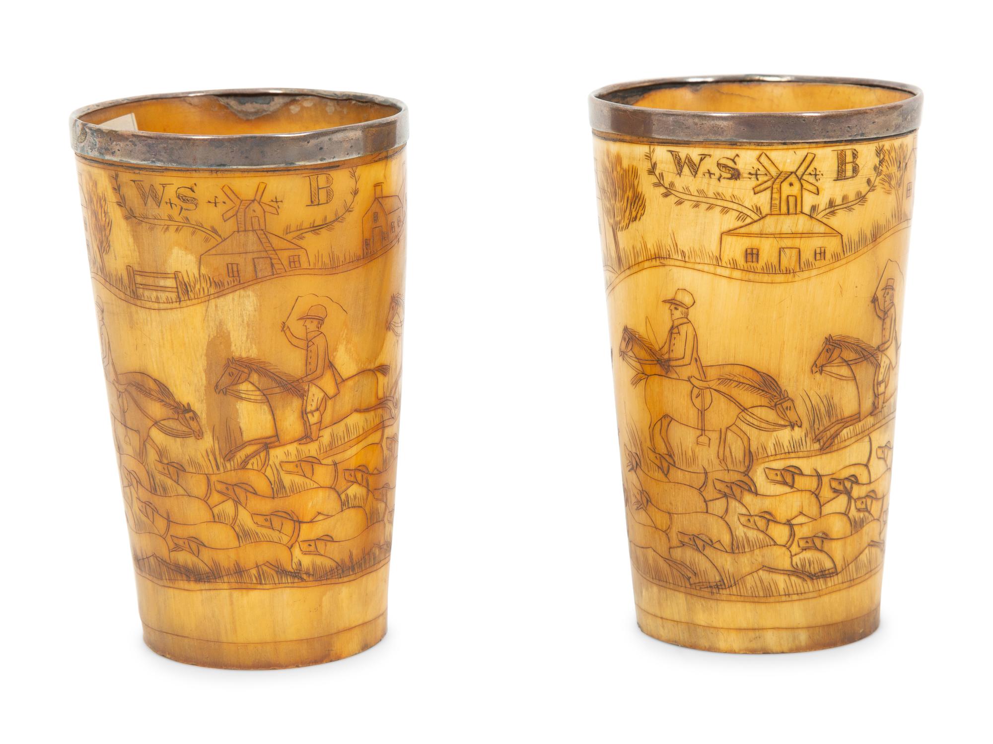 A Pair of Silver Mounted Horn Cups with Engraved Hunt Scenes