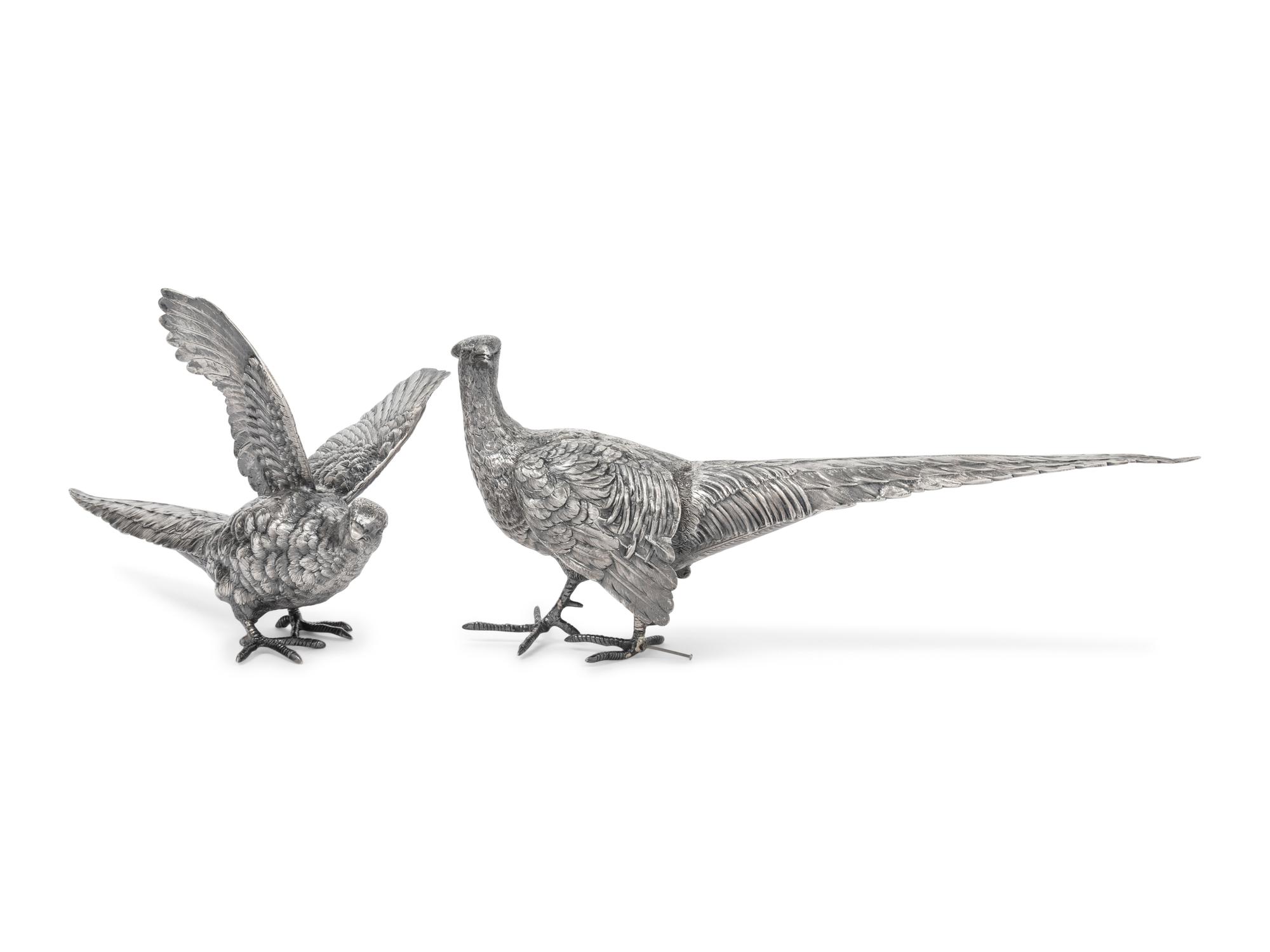 A Pair of Continental Silver-Plate Models of Pheasants