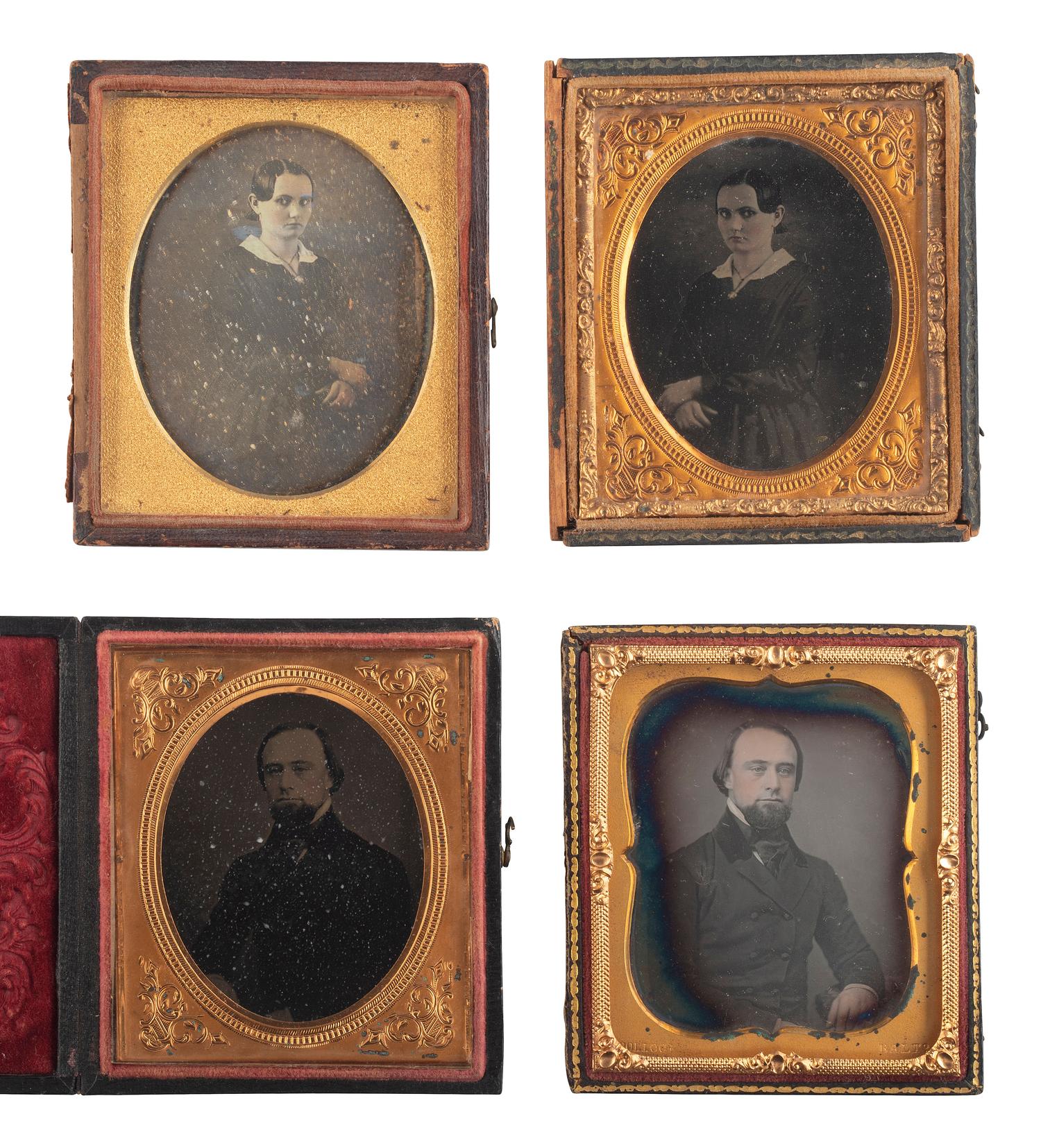 [EARLY PHOTOGRAPHY]. A collection of pairs and trios of portraits featuring the same male and female subjects, many likely copy images, including: