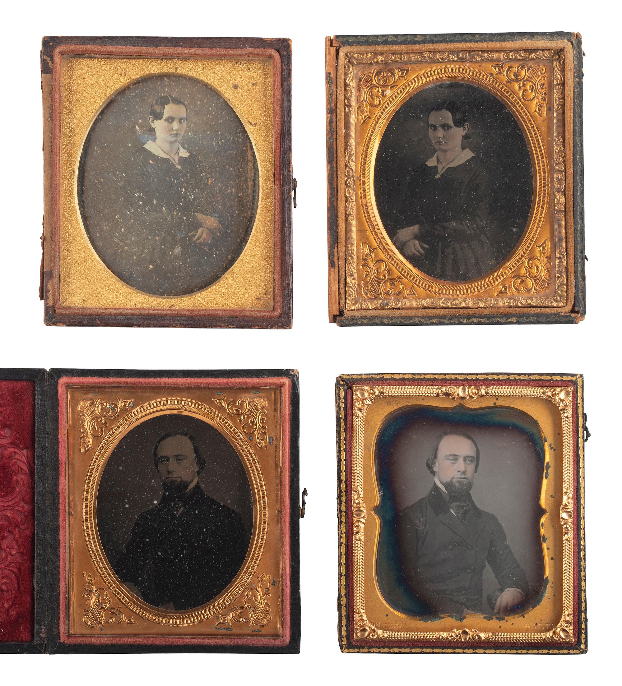[EARLY PHOTOGRAPHY]. A collection of pairs and trios of portraits featuring the same male and female subjects, many likely copy images, including: