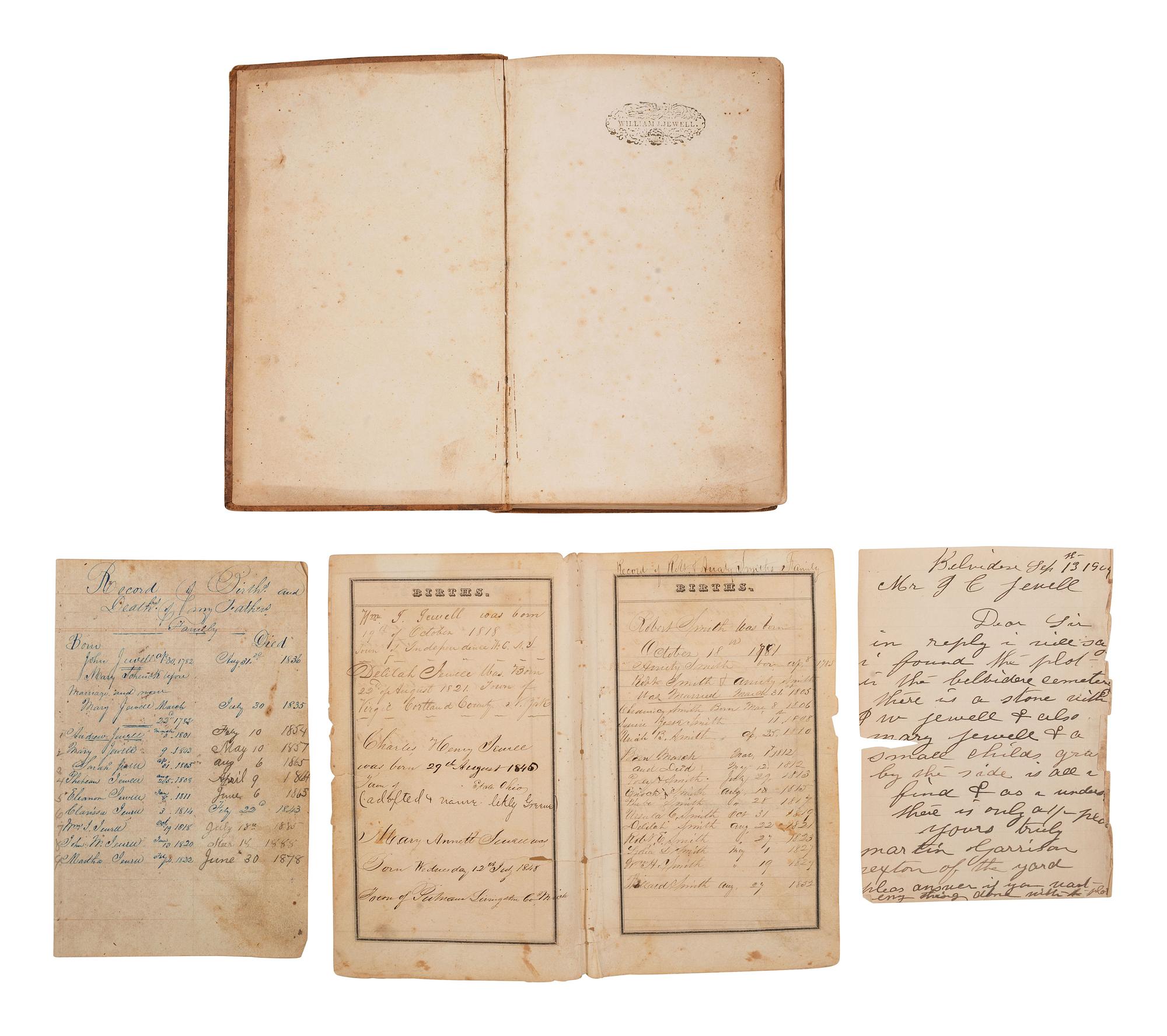 [GOLD RUSH]. Extensive California Gold Rush archive of William J. Jewell (1818-1885) including letters, diaries, and photographs, ca. 1852-1853.