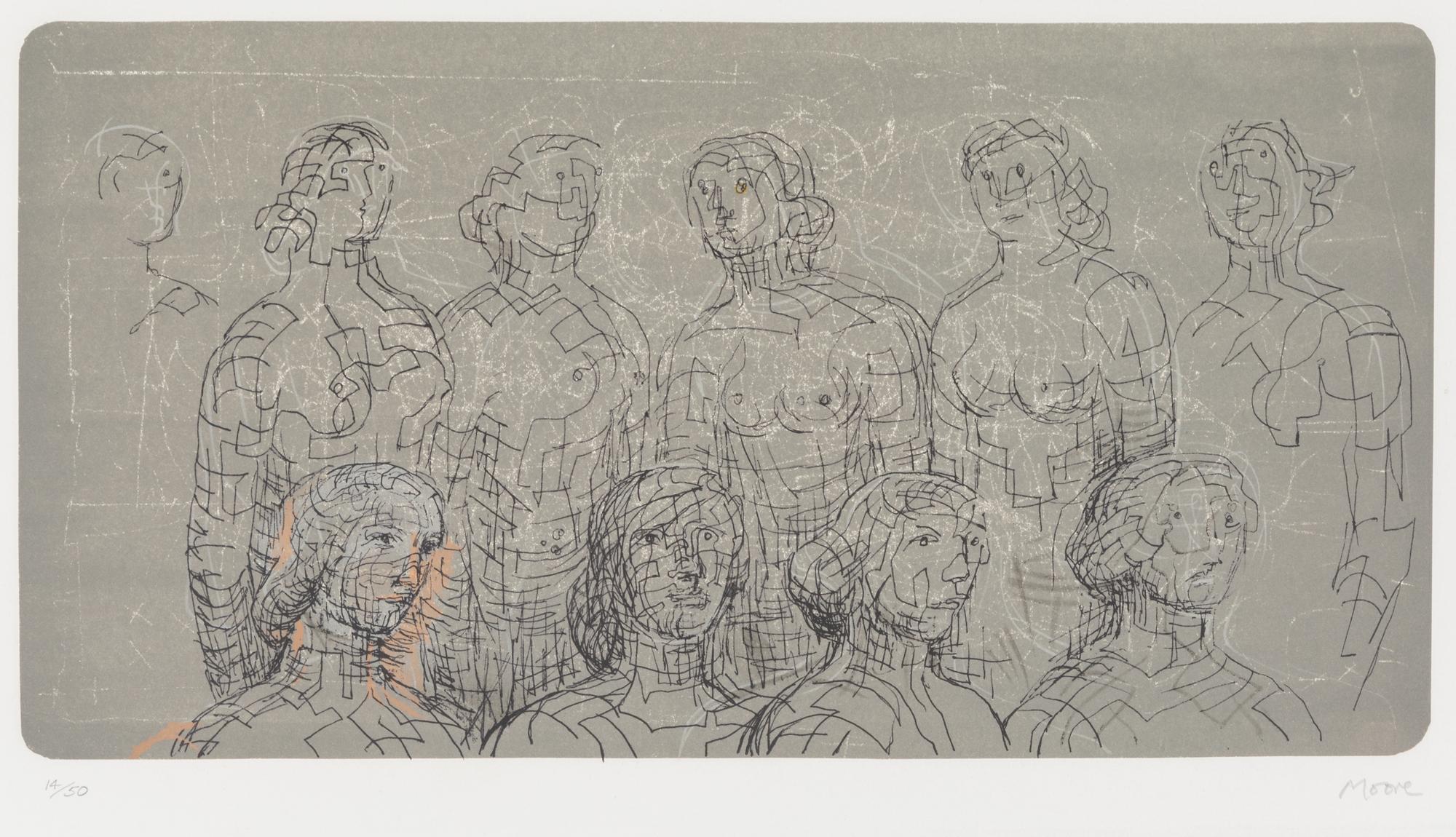 Henry Moore, (English, 1898-1986), Female Figures with Grey Background, 1980