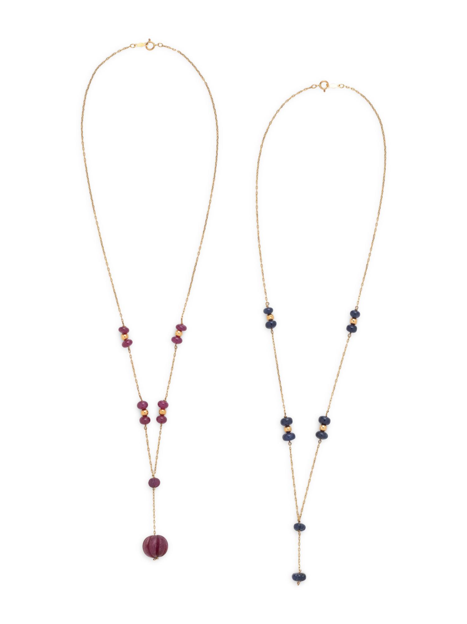 COLLECTION OF YELLOW GOLD AND CARVED GEMSTONE NECKLACES