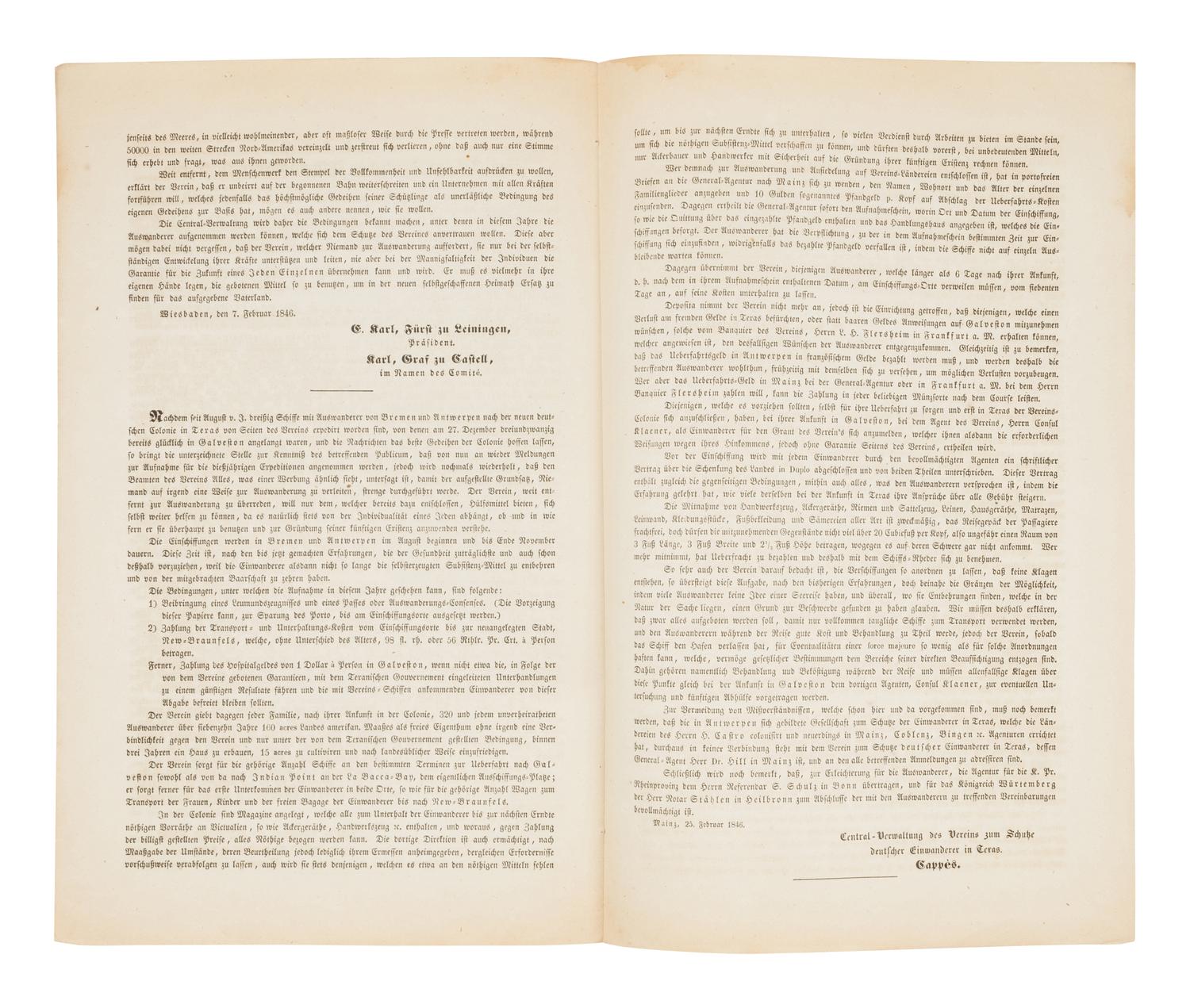 [TEXAS - GERMAN SETTLEMENT]. Verein zum Schutze Deutscher Einwanderer in Texas. [Mainz and Weissbaden, February 7, 25, 1846].