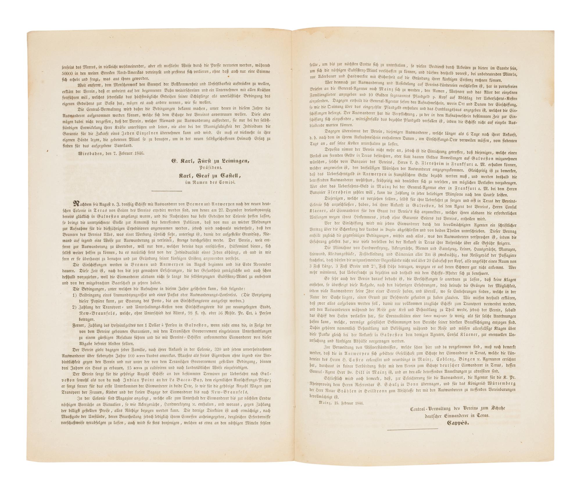 [TEXAS - GERMAN SETTLEMENT]. Verein zum Schutze Deutscher Einwanderer in Texas. [Mainz and Weissbaden, February 7, 25, 1846].