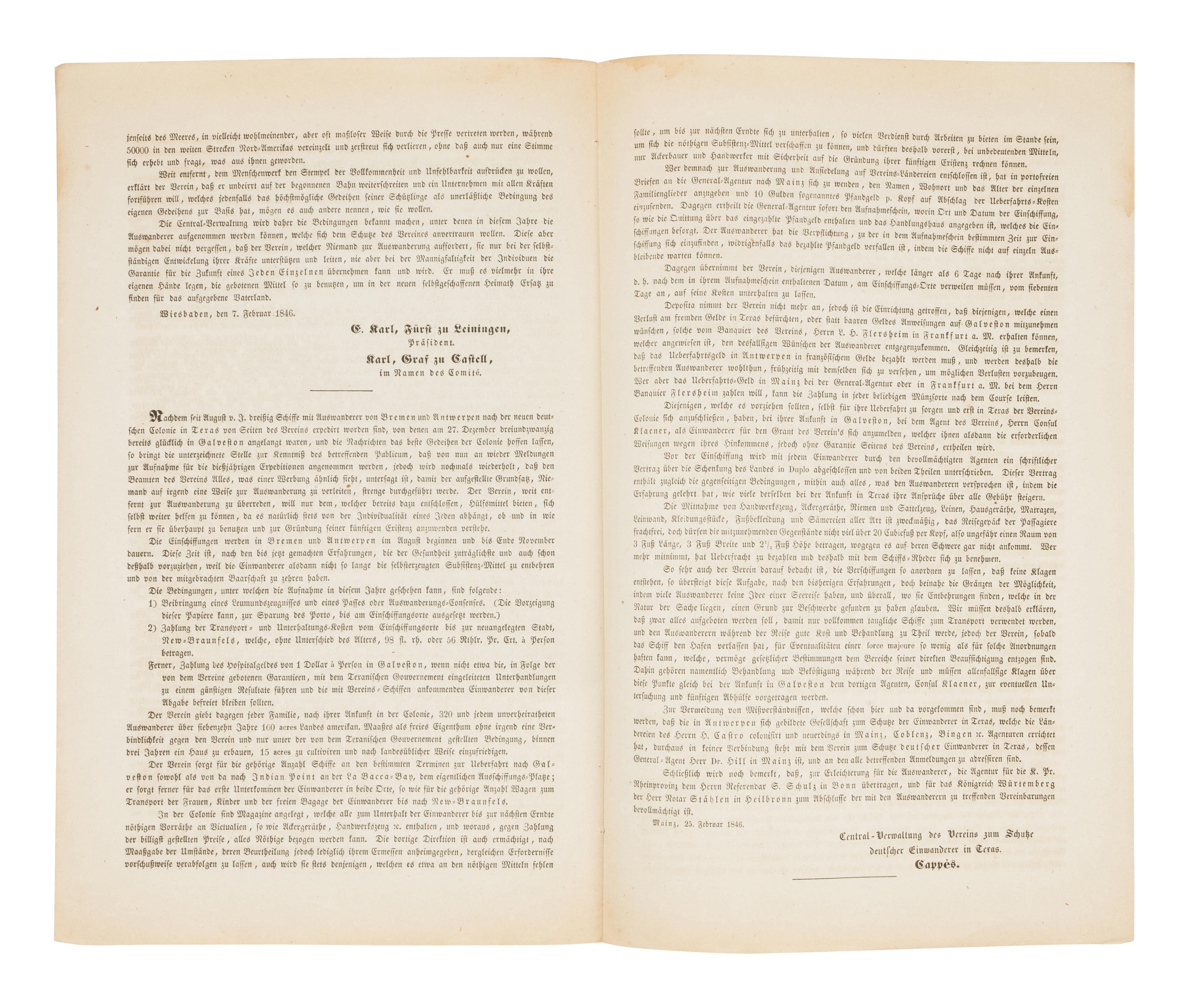 [TEXAS - GERMAN SETTLEMENT]. Verein zum Schutze Deutscher Einwanderer in Texas. [Mainz and Weissbaden, February 7, 25, 1846].