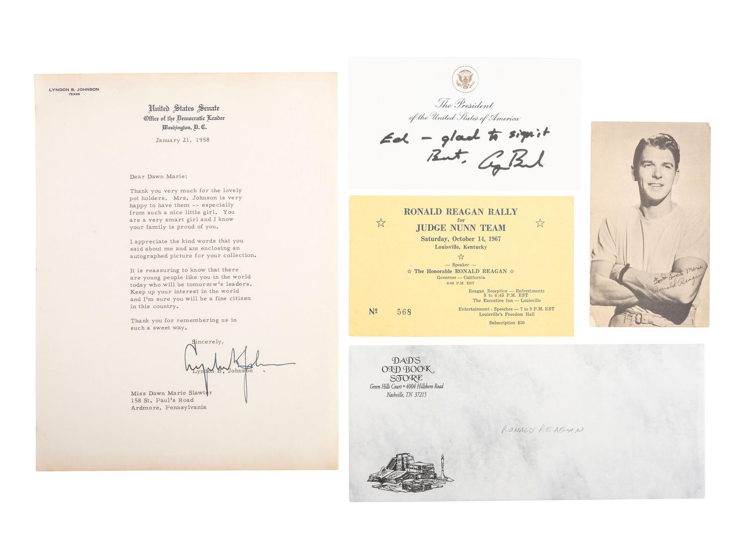 [POLITICS IN AMERICA]. A group of presidential signatures including Rutherford B. HAYES, Lyndon B. JOHNSON, Ronald REAGAN, and George H.W. BUSH.