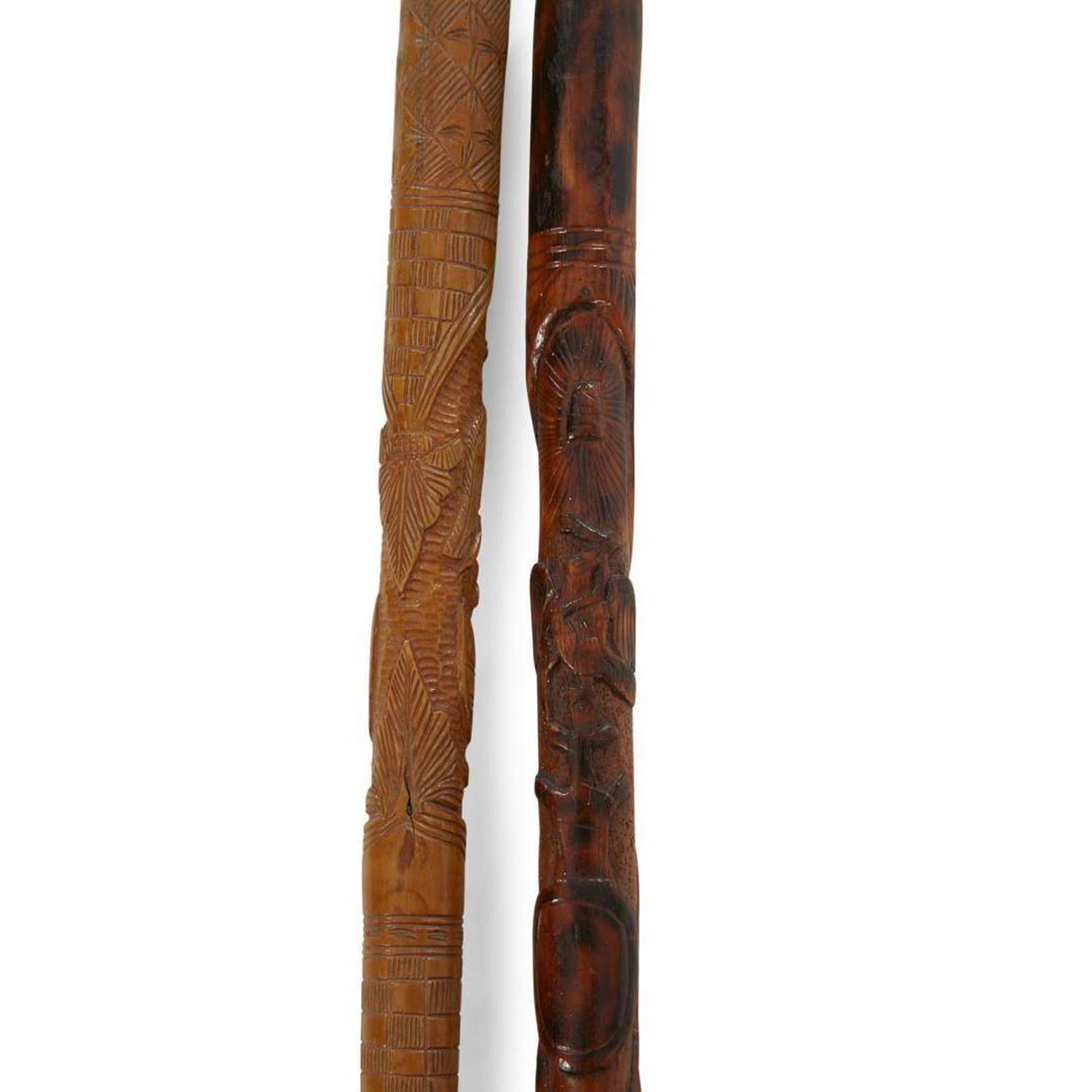 Group of seven carved wood canes with figural and patriotic motifs American and Mexican, late 19th/20th century