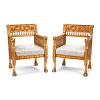 A Pair of Italian Neoclassical Style Giltwood and Cane Armchairs