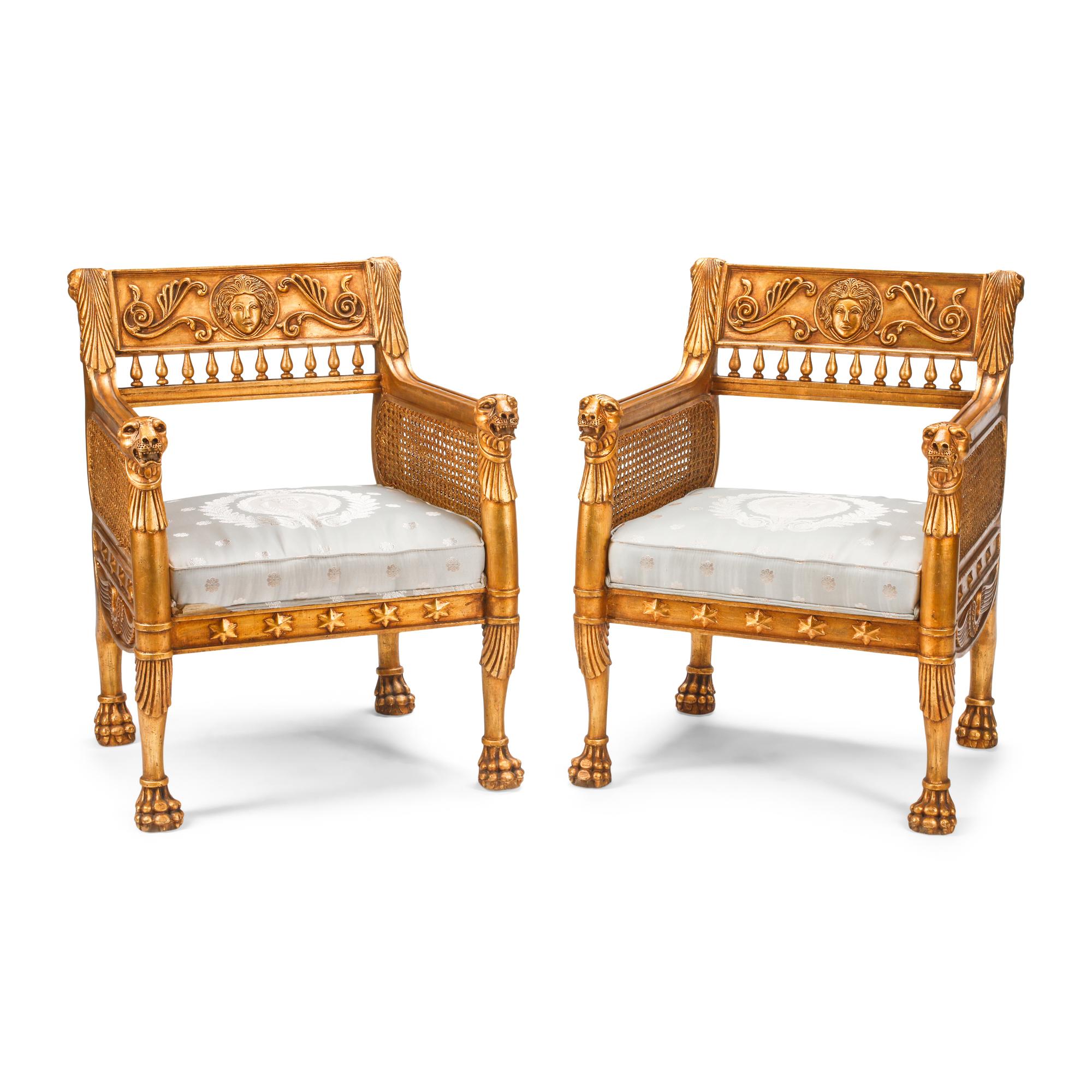 A Pair of Italian Neoclassical Style Giltwood and Cane Armchairs