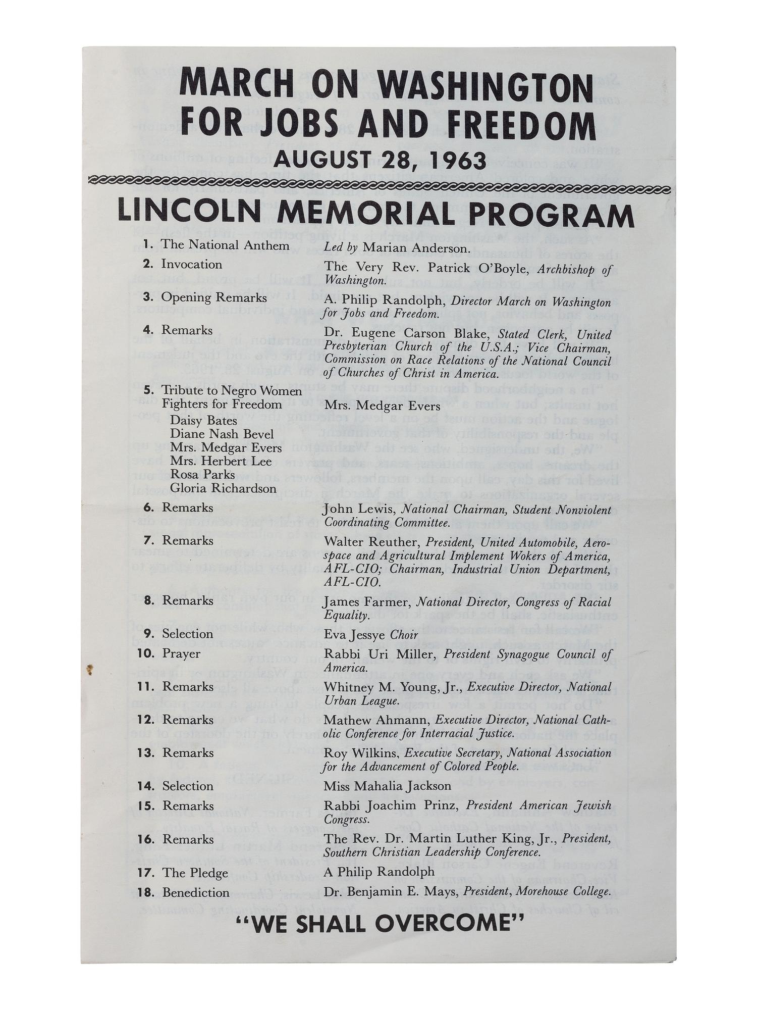 [CIVIL RIGHTS]. March on Washington for Jobs and Freedom, August 28, 1963: Lincoln Memorial Program . [Washington, DC], 1963.