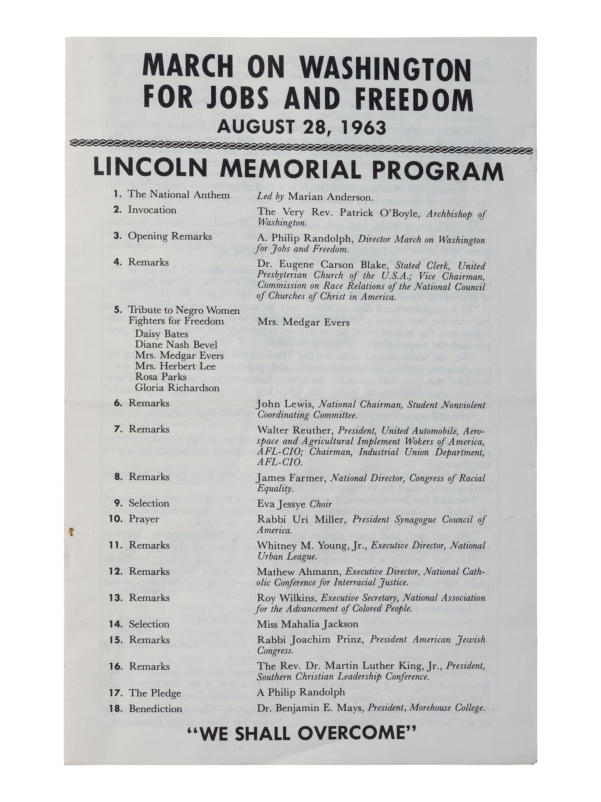 [CIVIL RIGHTS]. March on Washington for Jobs and Freedom, August 28, 1963: Lincoln Memorial Program . [Washington, DC], 1963.