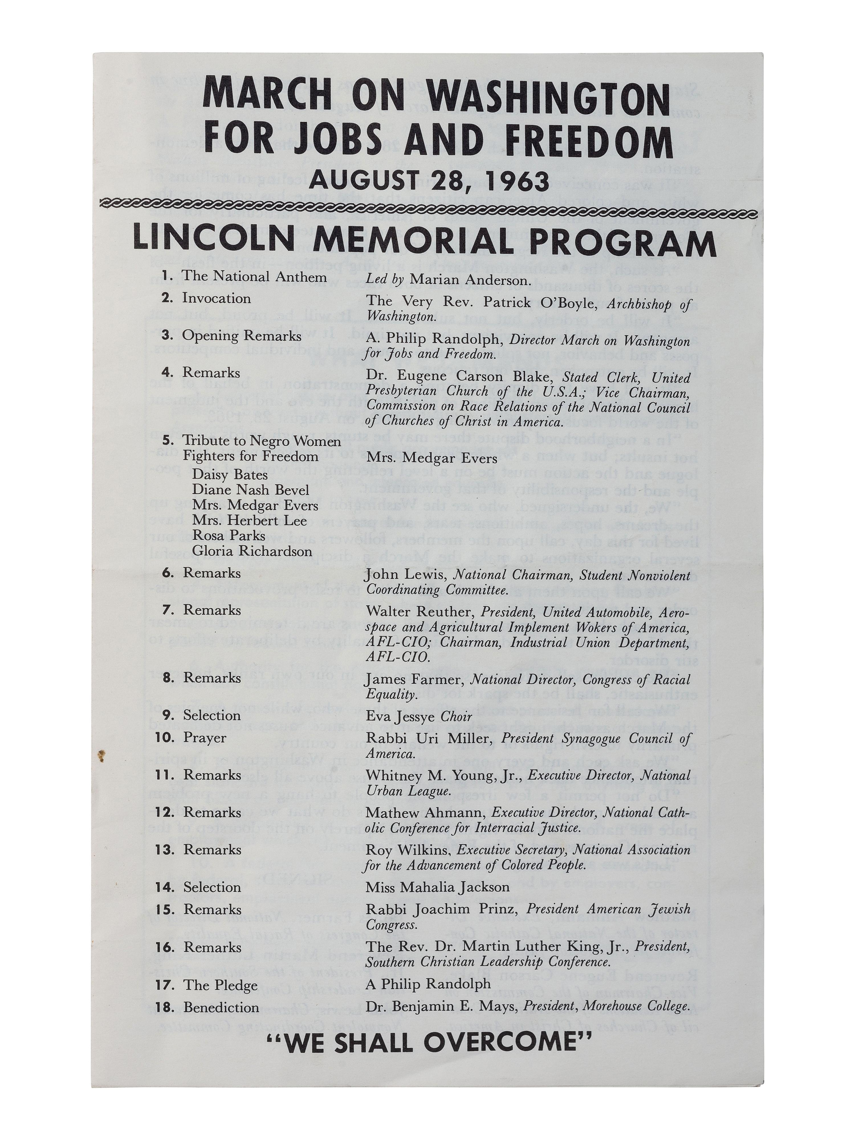 [CIVIL RIGHTS]. March on Washington for Jobs and Freedom, August 28, 1963: Lincoln Memorial Program . [Washington, DC], 1963.