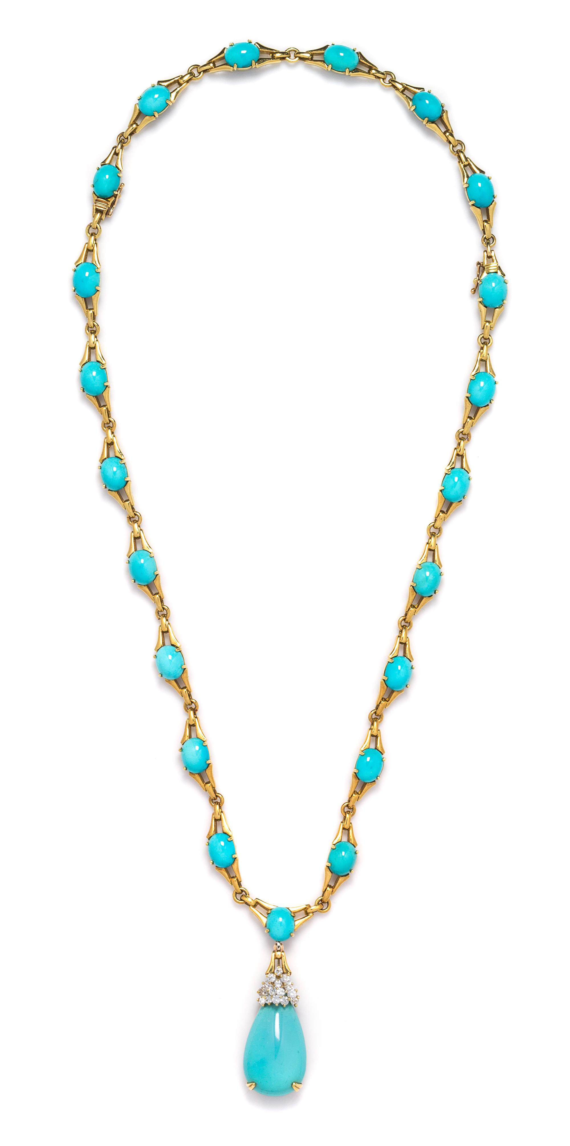 An 18 Karat Yellow Gold, Turquoise and Diamond Convertible Necklace, La Triomphe, 53.70 dwts.