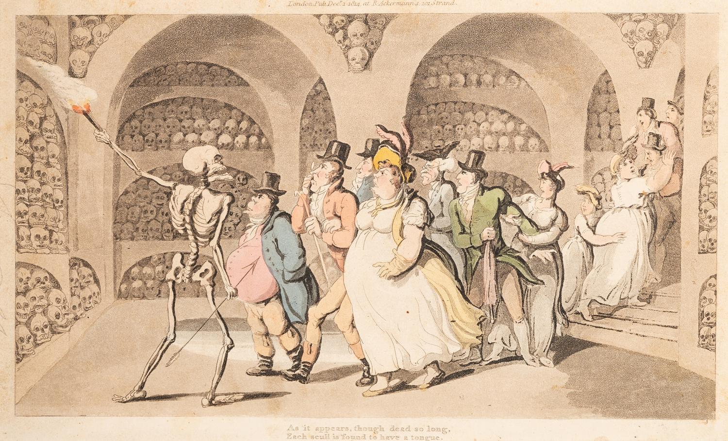 A group of six prints ( The Dance of Death; Dr. Syntax Pursued by a Bull; Dr. Syntax Sells Grizzle; Vision of Skulls; The Cellar Quartette; Setting Out from Edinburgh )