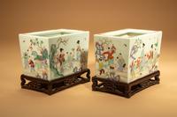 A Pair of Famille Rose Porcelain Rectangular 'Boys' Planters
