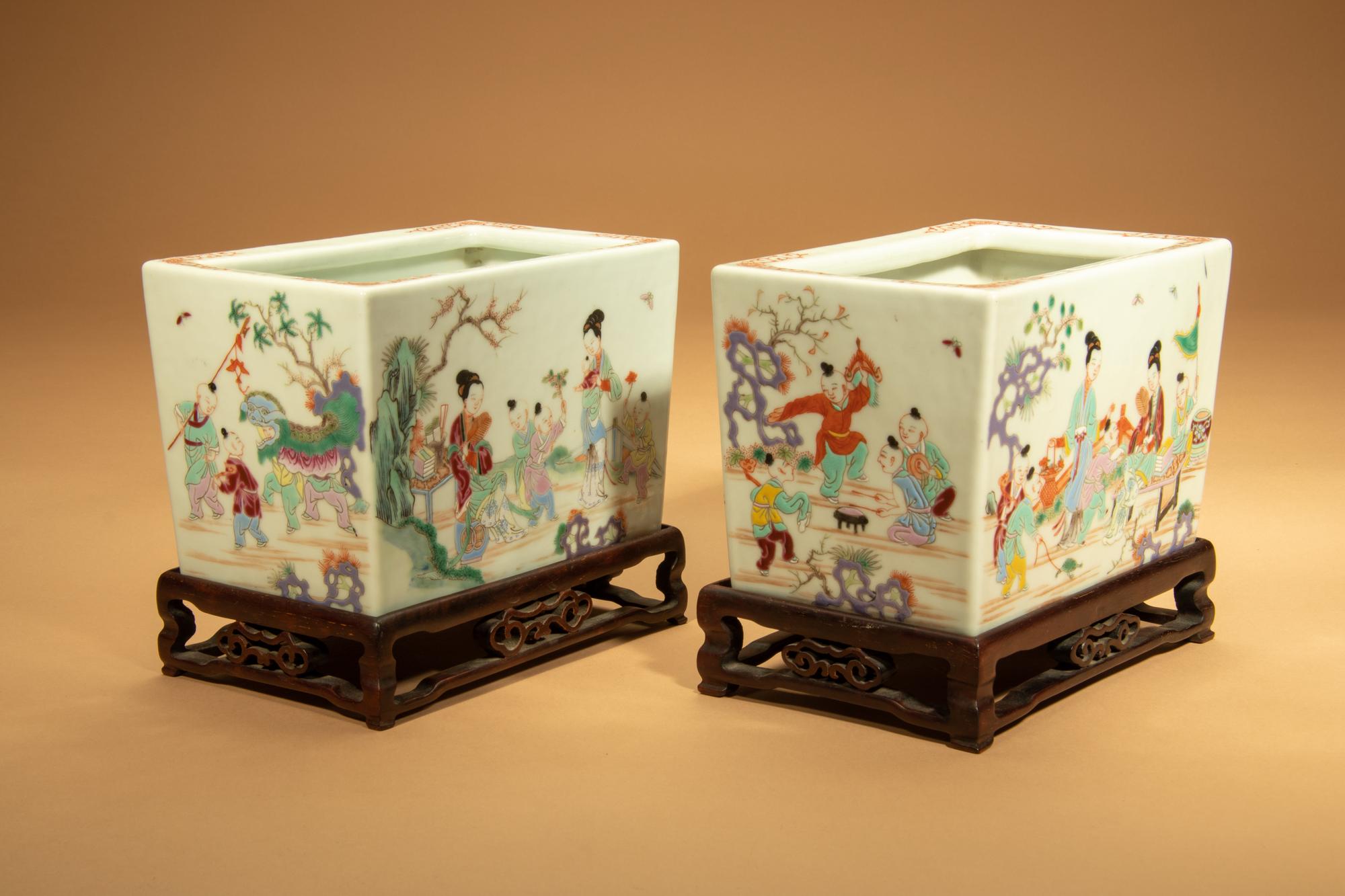 A Pair of Famille Rose Porcelain Rectangular 'Boys' Planters