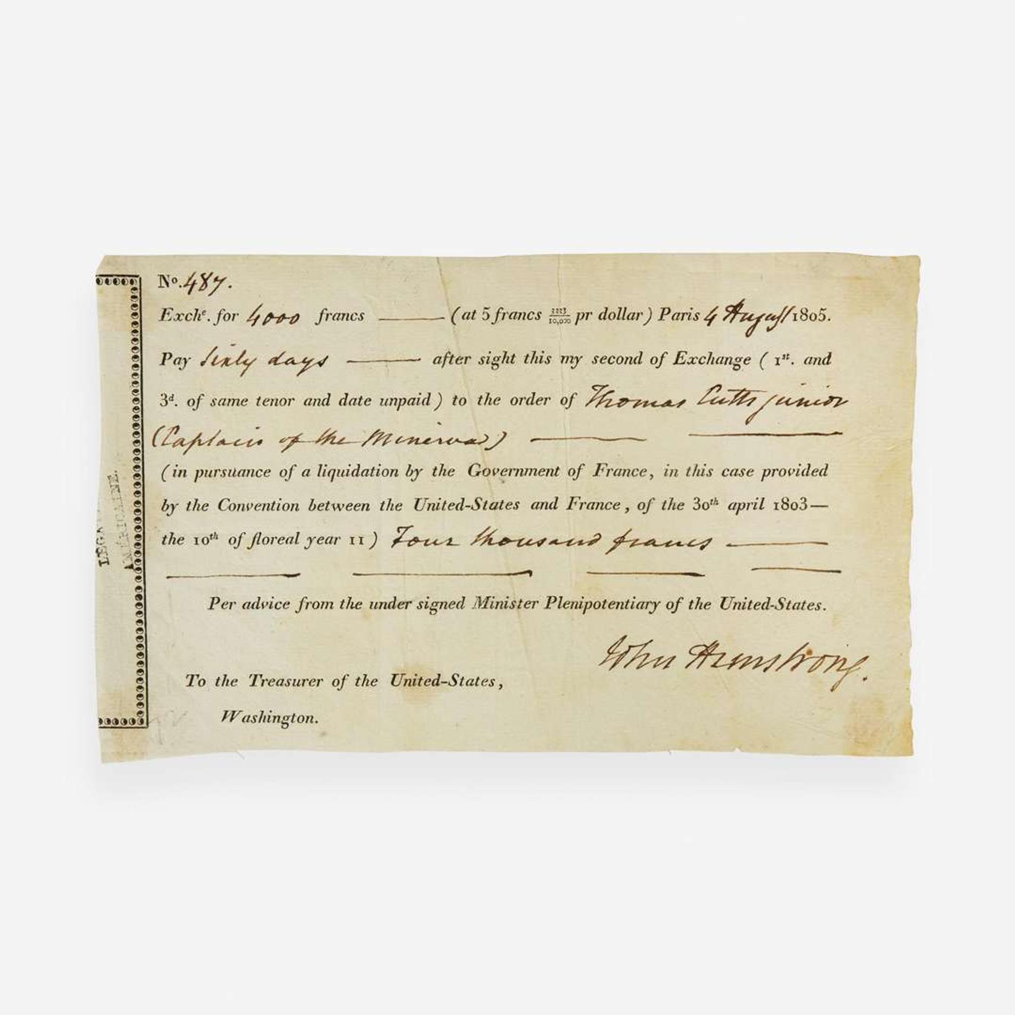 [Americana] [Louisiana Purchase] Armstrong, John Partially-Printed Second Bill of Exchange, signed