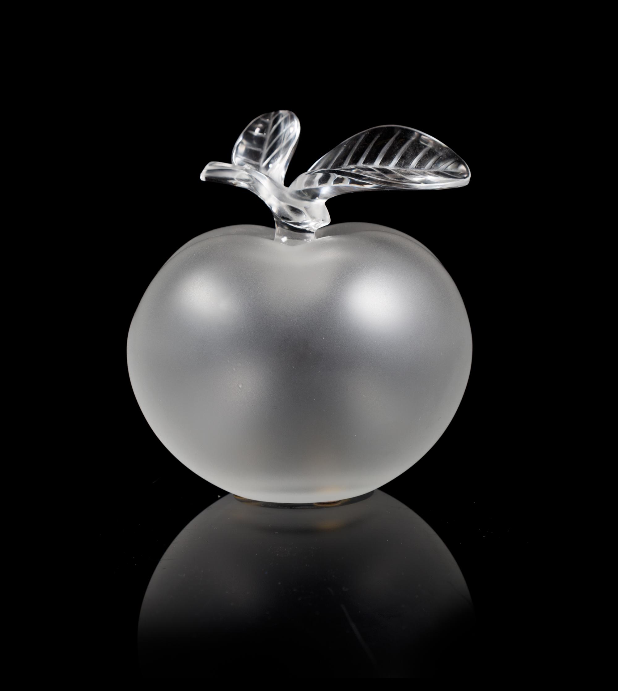 Lalique, a molded and frosted glass Grand Pomme figural perfume bottle, in the form of an apple with leafy stem form stopper