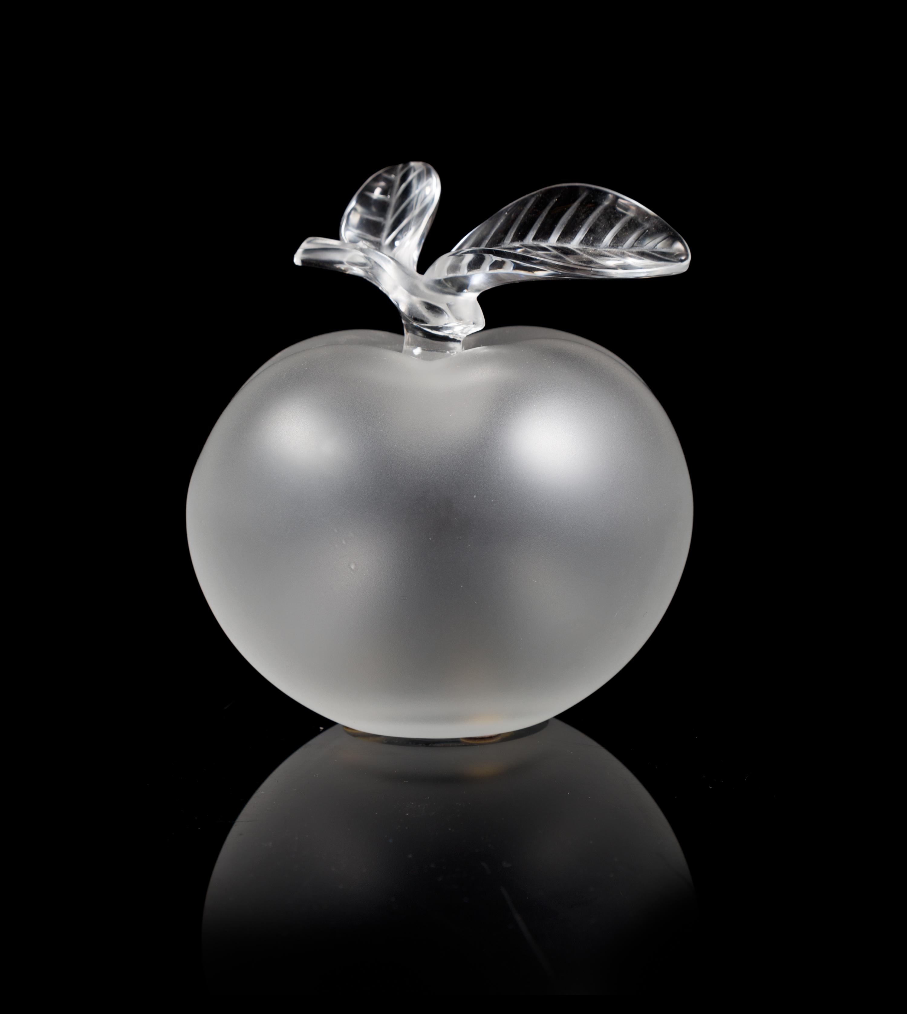 Lalique, a molded and frosted glass Grand Pomme figural perfume bottle, in the form of an apple with leafy stem form stopper