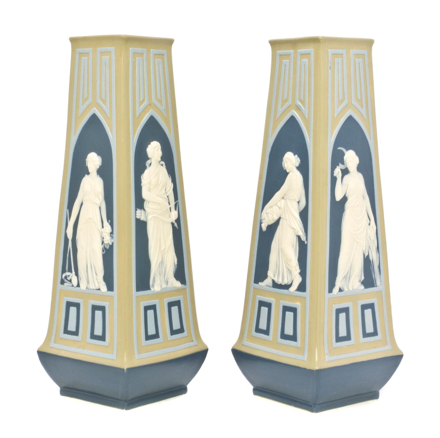 A Pair of Mettlach Ceramic Vases, Height 11 1/2 inches.