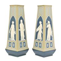 A Pair of Mettlach Ceramic Vases, Height 11 1/2 inches.