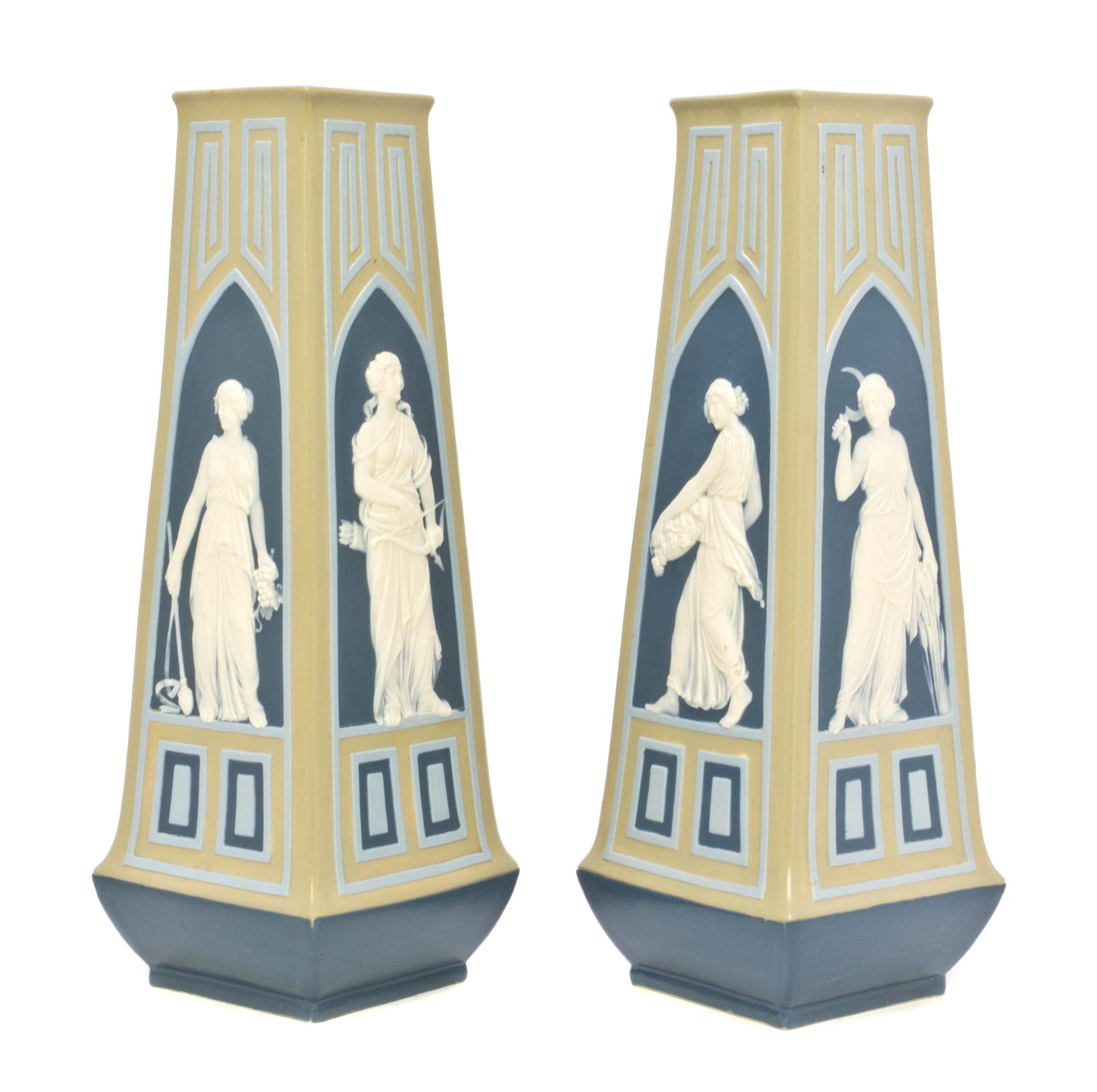 A Pair of Mettlach Ceramic Vases, Height 11 1/2 inches.