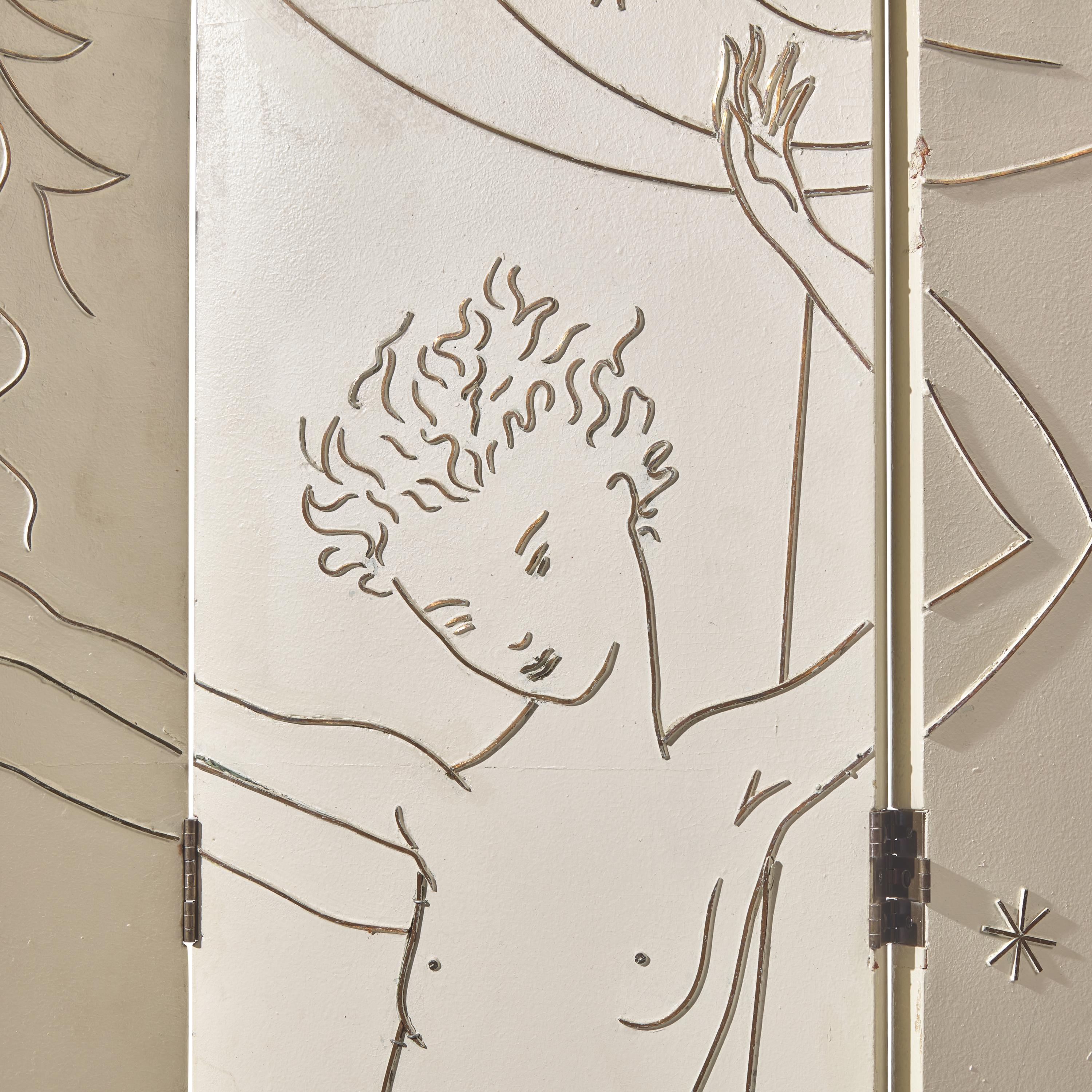 An Art Deco Brass-Inlaid and Painted Wood Four-Panel Screen from an Ocean Liner