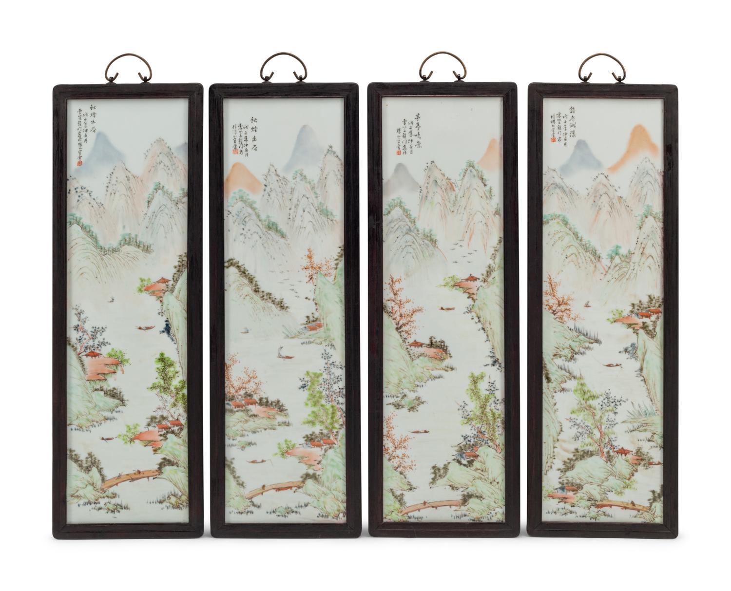 A Set of Four Chinese Porcelain Plaques in Hardwood Frames