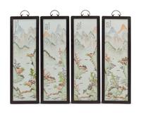 A Set of Four Chinese Porcelain Plaques in Hardwood Frames