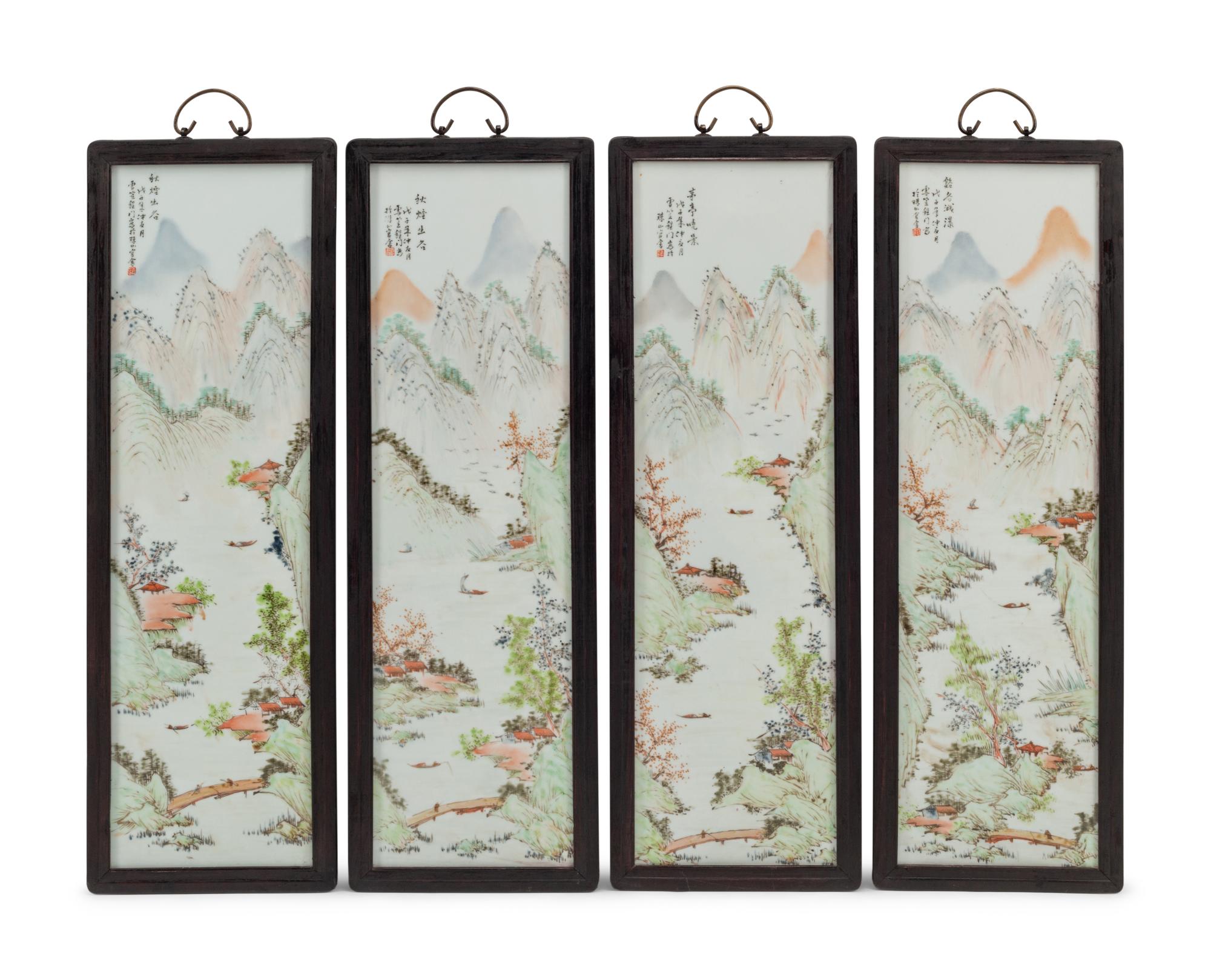 A Set of Four Chinese Porcelain Plaques in Hardwood Frames