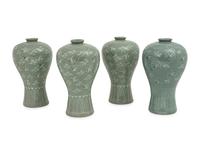 Four Korean Celadon 'Crane and Cloud' Porcelain Maebyong Vases