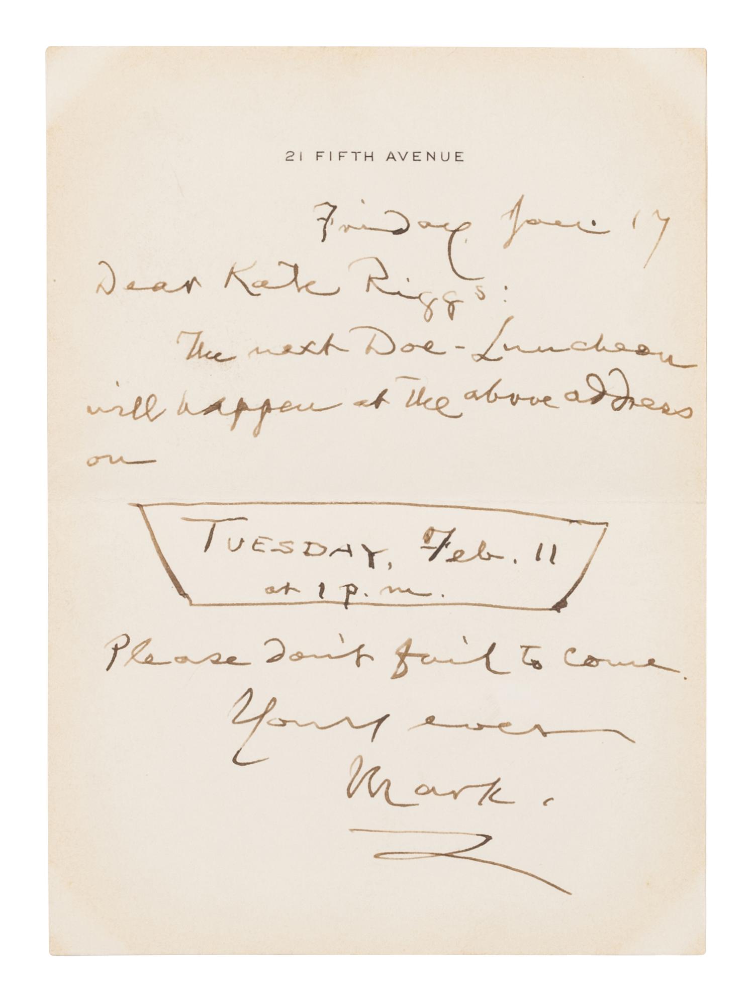 CLEMENS, Samuel Langhorne ("Mark "Twain") (1835-1910). Autograph letter signed ("Mark"), to Kate Riggs. New York, 17 Jan., [1908].