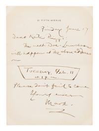 CLEMENS, Samuel Langhorne ("Mark "Twain") (1835-1910). Autograph letter signed ("Mark"), to Kate Riggs. New York, 17 Jan., [1908].