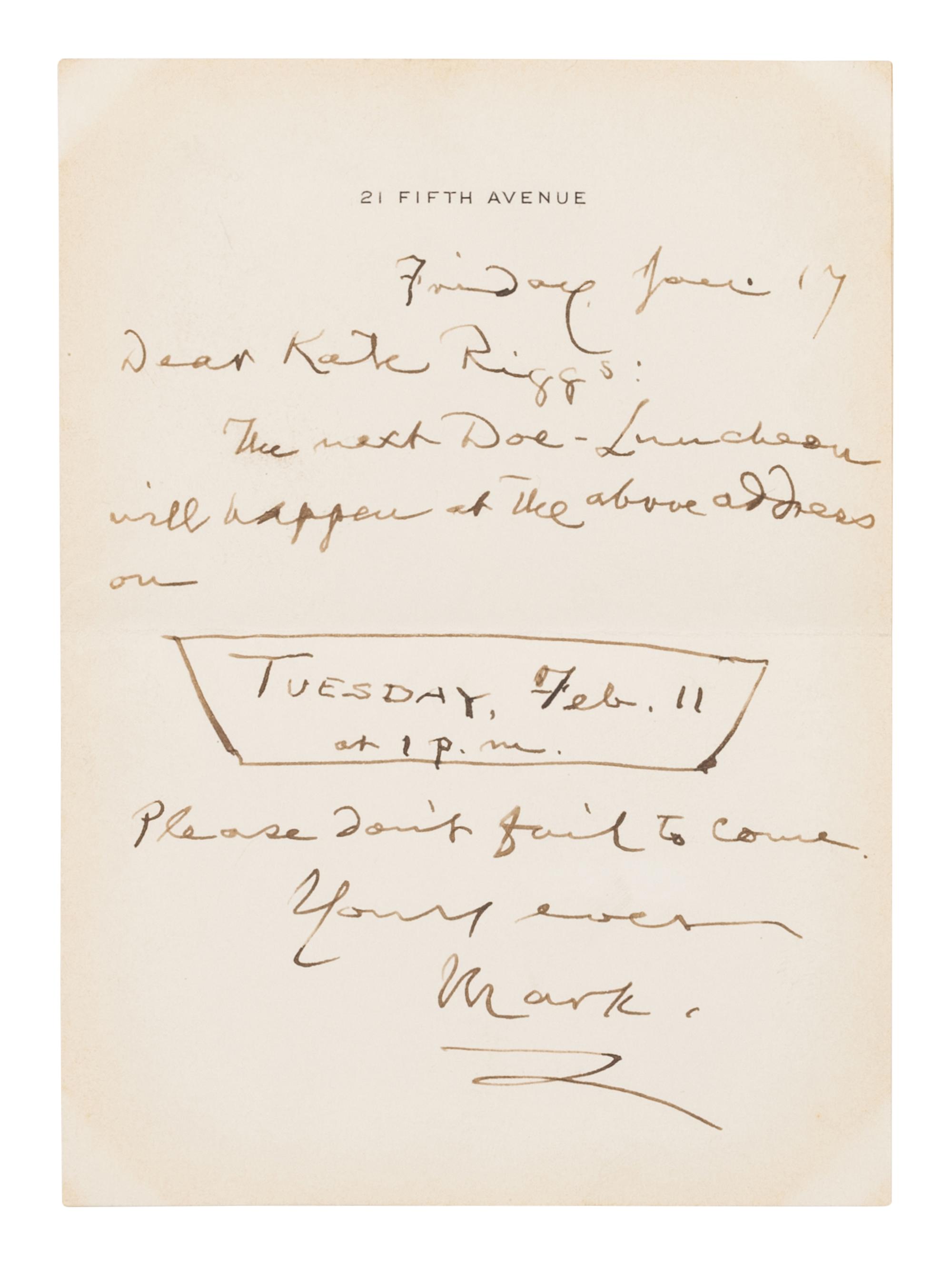 CLEMENS, Samuel Langhorne ("Mark "Twain") (1835-1910). Autograph letter signed ("Mark"), to Kate Riggs. New York, 17 Jan., [1908].