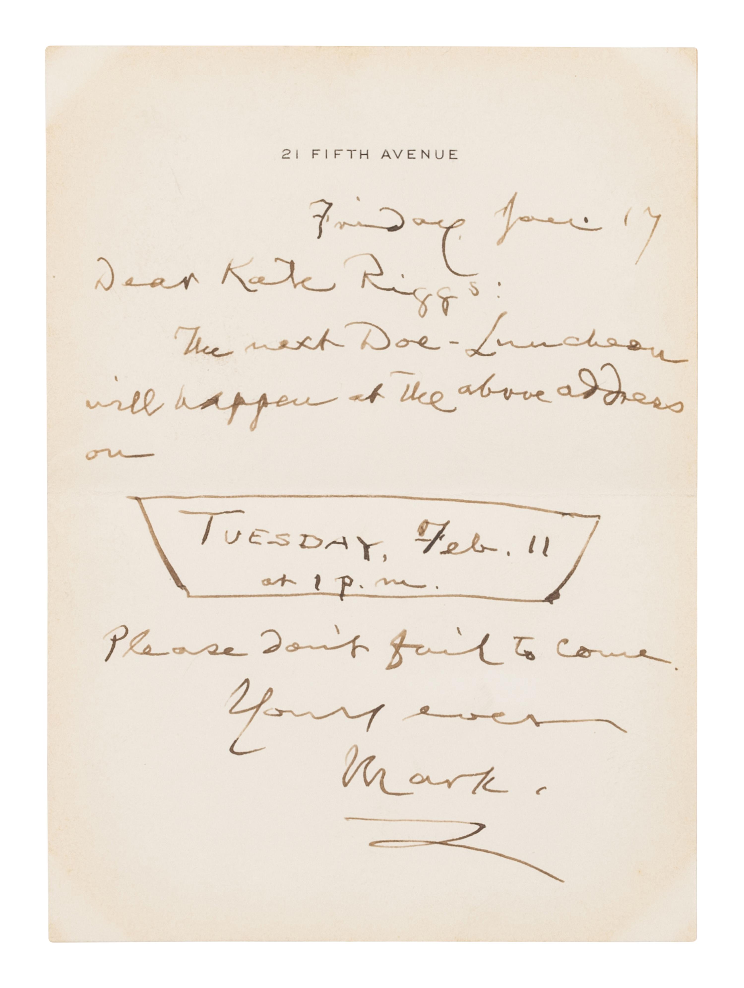 CLEMENS, Samuel Langhorne ("Mark "Twain") (1835-1910). Autograph letter signed ("Mark"), to Kate Riggs. New York, 17 Jan., [1908].
