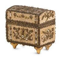 An English Metallic Thread Decorated Silk Diminutive Jewelry Casket