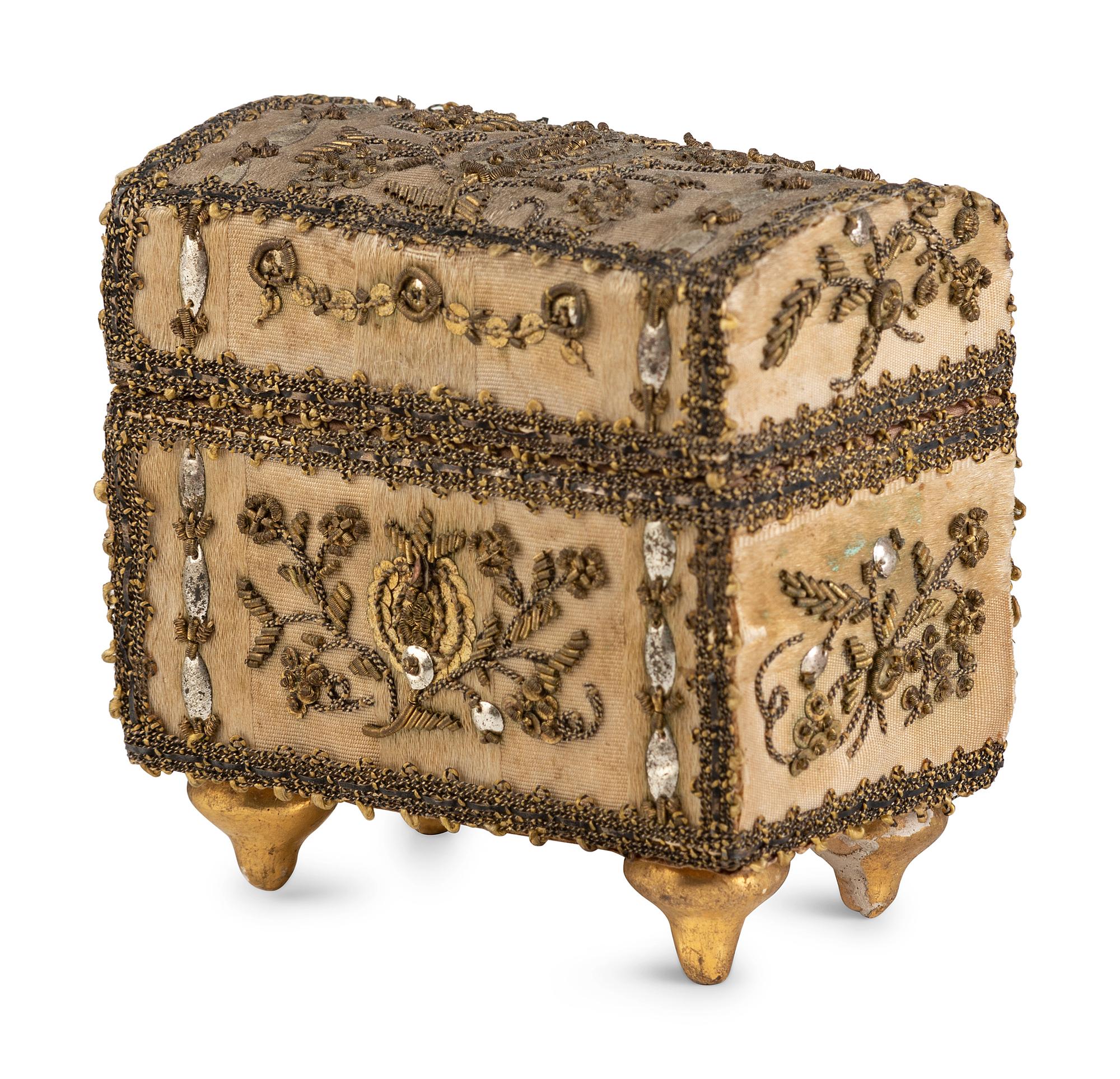An English Metallic Thread Decorated Silk Diminutive Jewelry Casket