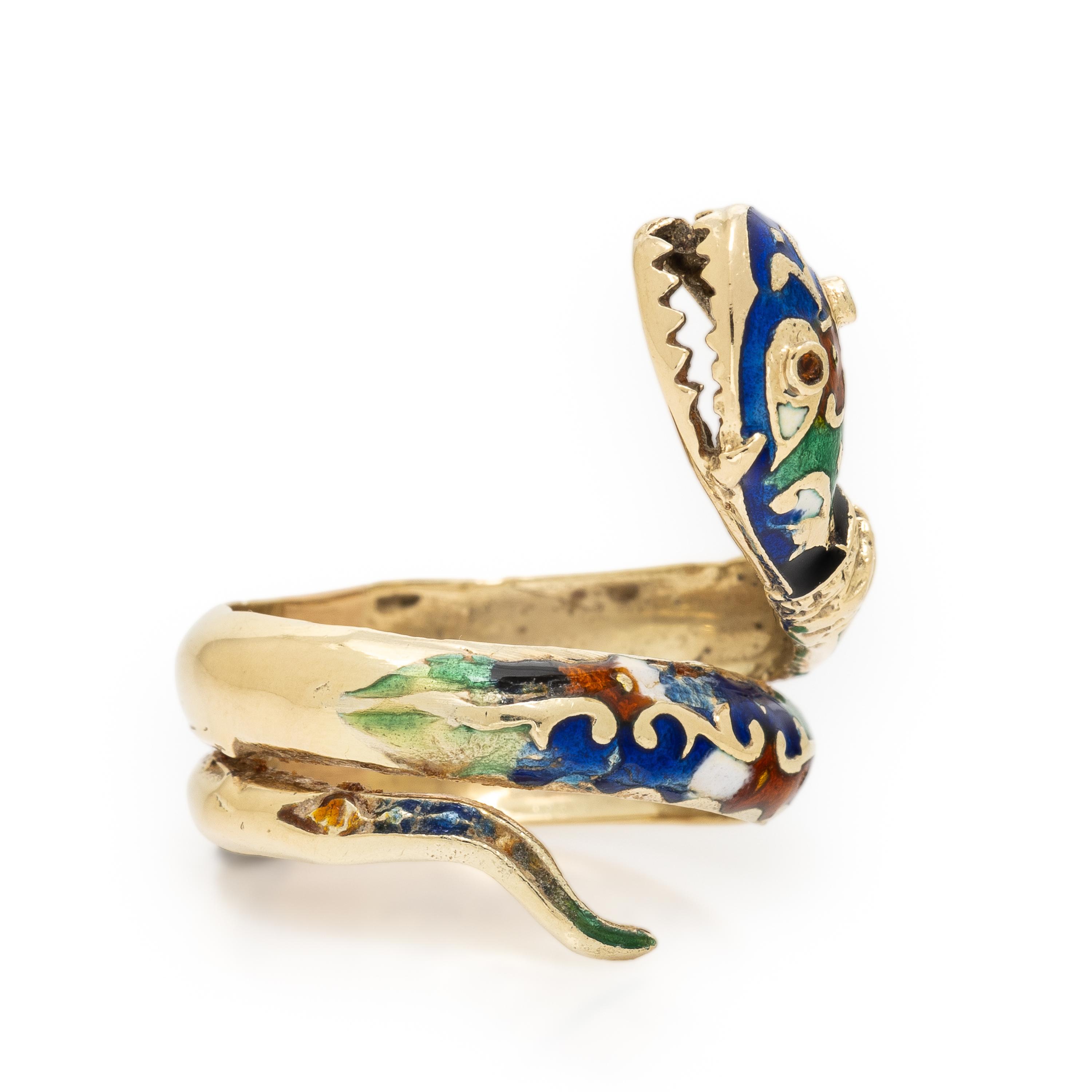 Polychrome Enamel and Yellow Gold Snake Ring